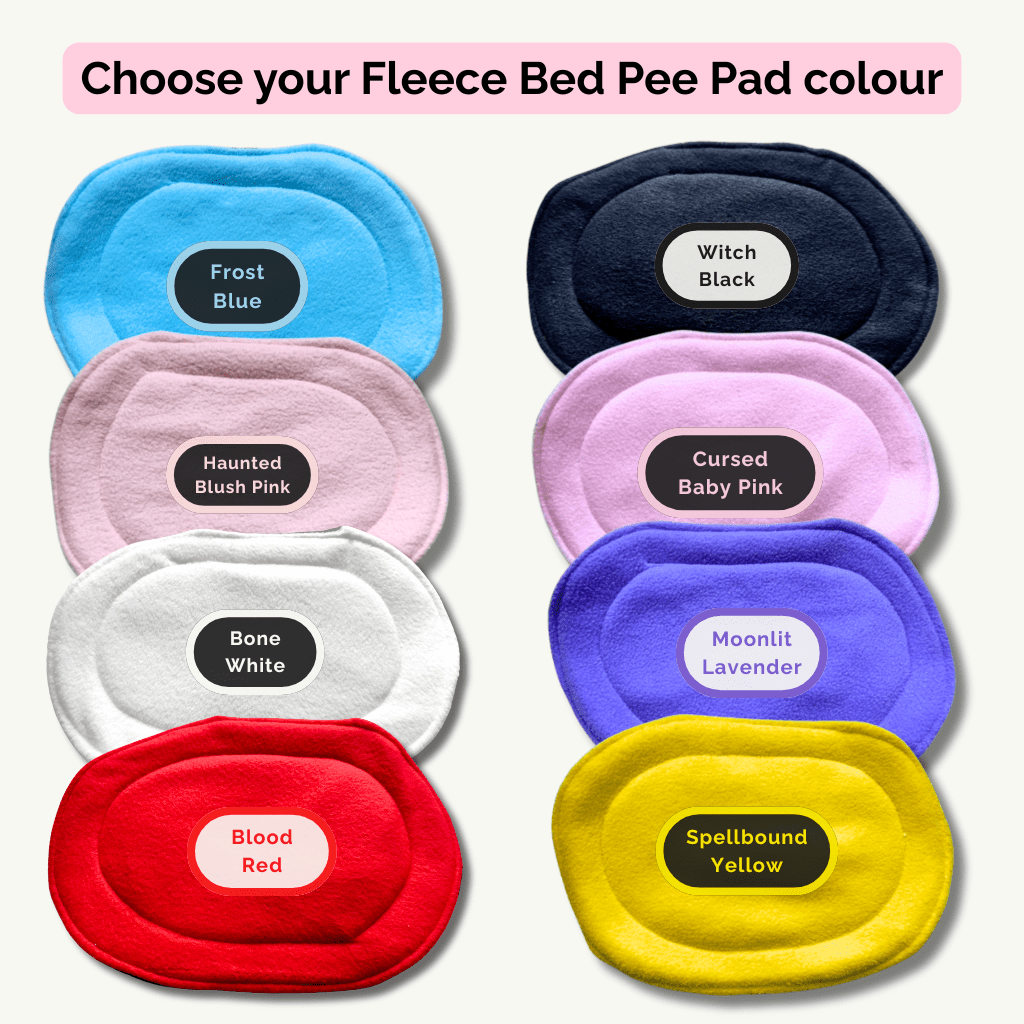 Blooms & Bones Bundle: 8 fleece pee pads in goth-glam hues—midnight black, petal pinks, moonlit lavender, crimson red, eerie blue, ghostly white, and sunshine yellow. Spoil your spooky-cute piggy’s lair and save 30%!.