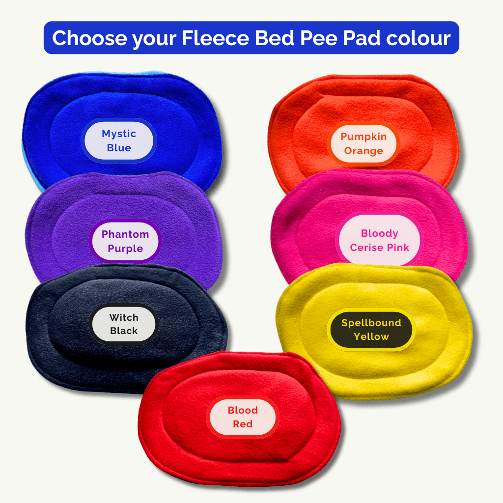 Enchant your piggy’s castle with seven plush fleece pee pads in Mystic Blue, Pumpkin Orange, Phantom Purple, and other gothic hues!.