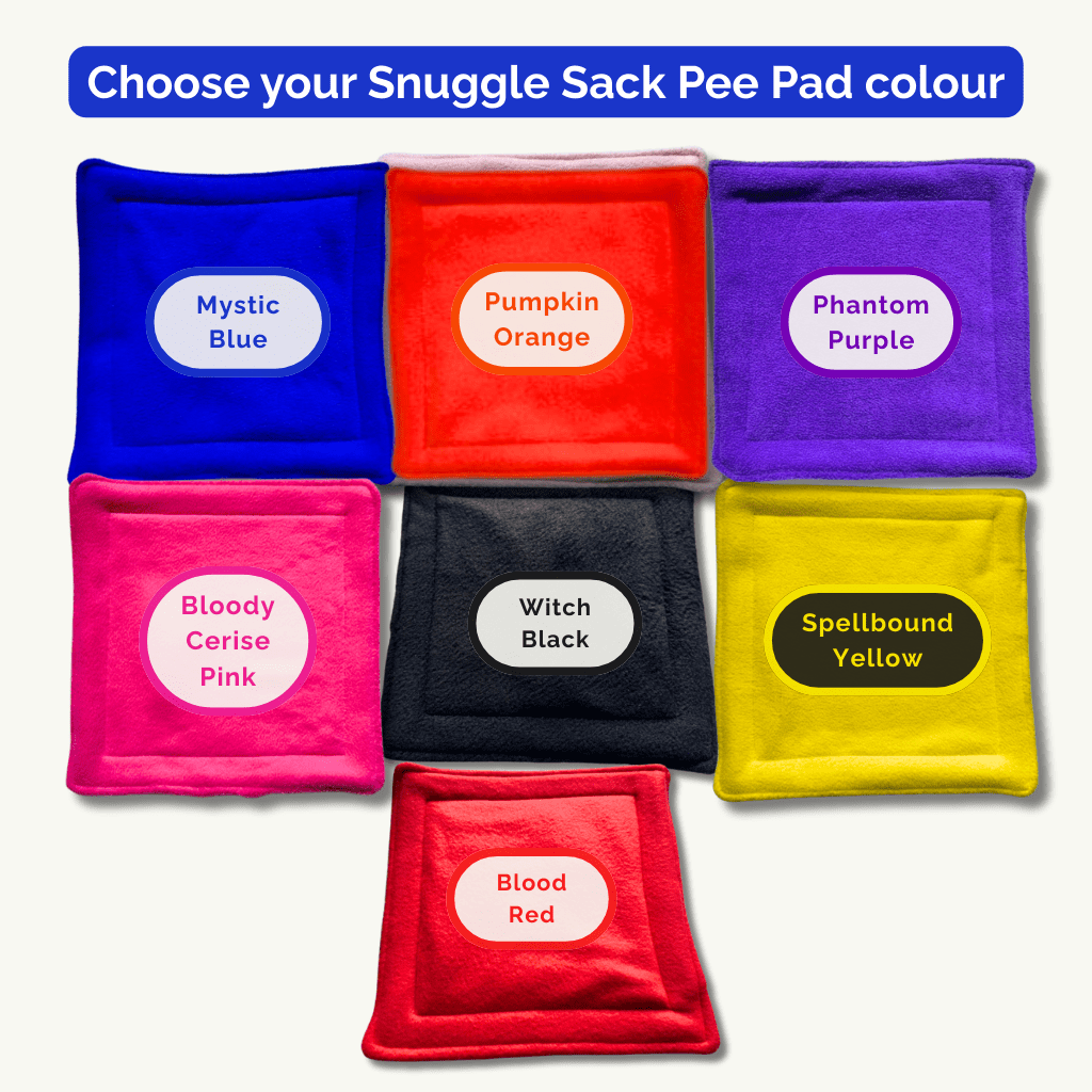 Seven spooky-cute fleece pads in Mystic Blue, Phantom Purple, Witch Black, and more—gothic glam coziness for tiny pets!.