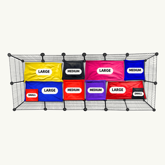 Bewitching top-down view of a wire storage bin filled with enchanting bags labeled large, medium, and small—each hauntingly hued in yellow, blue, red, pink, black, and purple. These spellbinding pouches are just right for organizing your Frightful Fiesta Matching Pee Pads and adding a touch of gothic glam to your daily guinea pig rituals. Perfect for keeping your little familiars’ lair tidy with a dash of spooky-cute style!.