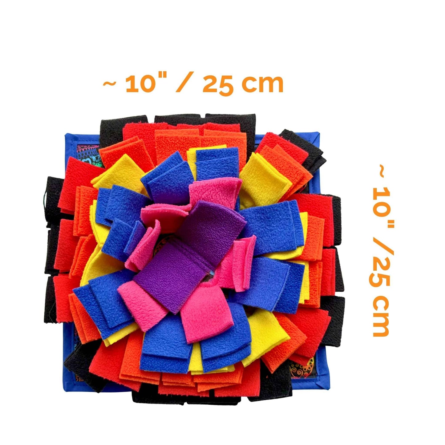 The Frightful Fiesta Snuffle Mat conjures a spell of fun—vivid red, yellow, blue, pink, purple, and black fleece ruffles lure guinea pigs to forage. Approx. 10" (25 cm) square with labeled measurements; gothic-glam treasure for tiny paws.