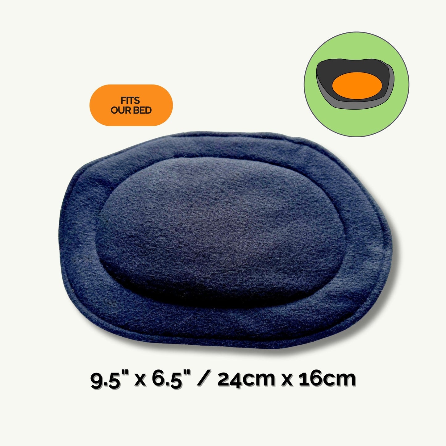 The Pee Pads | Make daily cleaning a breeze with this batcave-chic cushion, crafted in deep midnight black. Raised edges create a cozy crypt for your small pet, sized just right at 24cm by 16cm. An enchanting orange label whispers “Fits Our Bed,” spellbound with a cute diagram of the pad tucked inside a gothic oval bed – perfect for pampered piggies and charming critters alike!.
