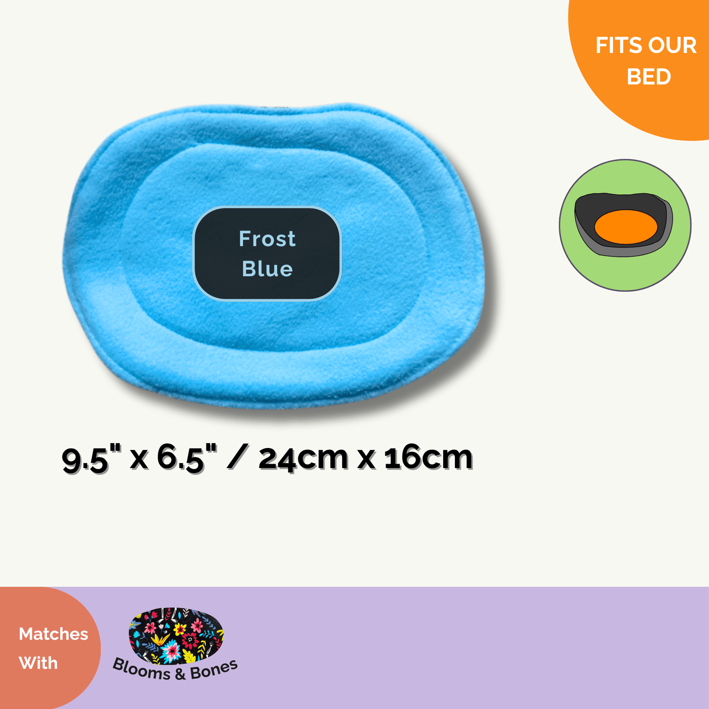 Enchantingly eerie yet adorable, this oval Frost Blue pee pad liner (9.5 x 6.5 in / 24 x 16 cm) from Blooms & Bones brings gothic-glam to your small pet’s castle. Set against a crisp white backdrop, the dreamy pale blue fabric glimmers with ghostly elegance—odor-resistant and ultra-absorbent for tiny paws and gentle souls. A touch of whimsical branding weaves together blooms and bones, inviting guinea pig ghouls and bun-sized royalty alike into a world of magical coziness.