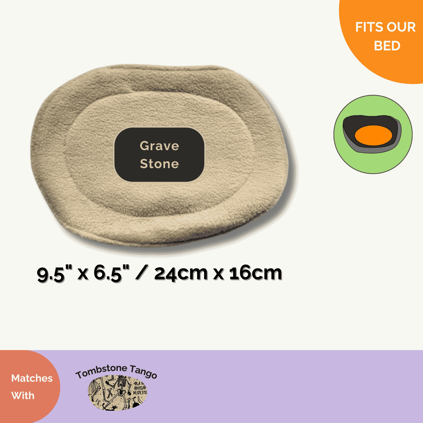 Whimsical beige oval Grave Stone insert (9.5x6.5 in), odor-resistant, with gothic lettering on a vibrant backdrop; perfect spooky-cute pair with Tombstone Tango pee pads for charming, easy clean-ups.