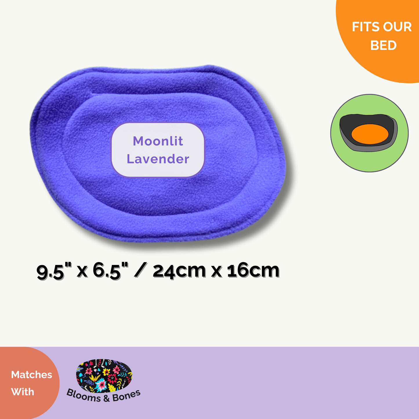 The Moonlit Lavender oval pet bed insert—in a hauntingly lovely shade of deep purple (9.5 x 6.5 inches)—brings gothic-glam coziness to your small pet’s lair. Swirls of midnight lavender and enchanting floral flourishes pair with our Blooms & Bones collection for a spellbinding nook, while matching pee pads cast away cleaning worries, leaving only plush comfort for your little familiar.