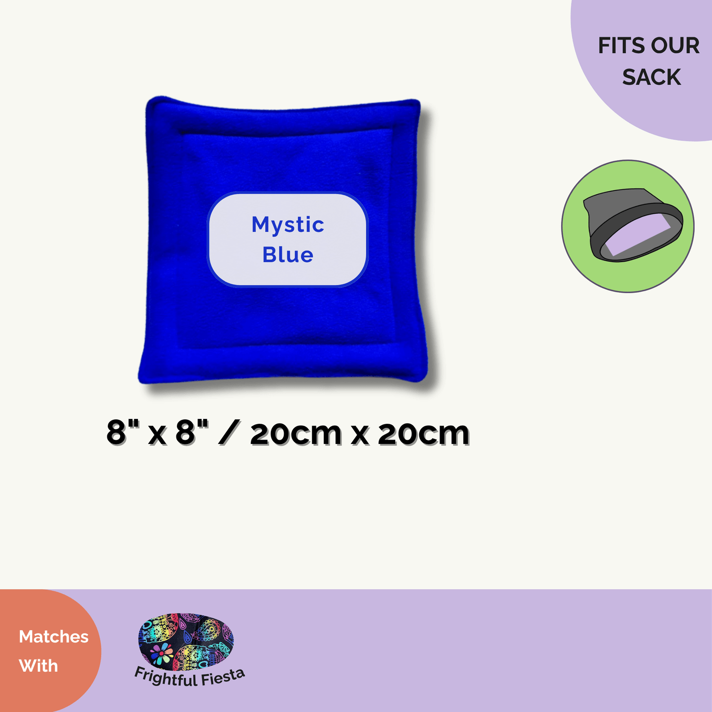 Frightful Fiesta Matching Pee Pads, 8 by 8 inches—a bewitching square of deep sapphire-blue Zorb® Silvadur™ fabric, stitched with a “Mystic Blue” label. Designed to fit snuggly in our cozy sacks or serve as charming stand-alone pads. Gothic glam meets practical magic for your small pet’s lair—perfect for enchanting daily clean-ups and delightfully frightful fiesta pairings!.