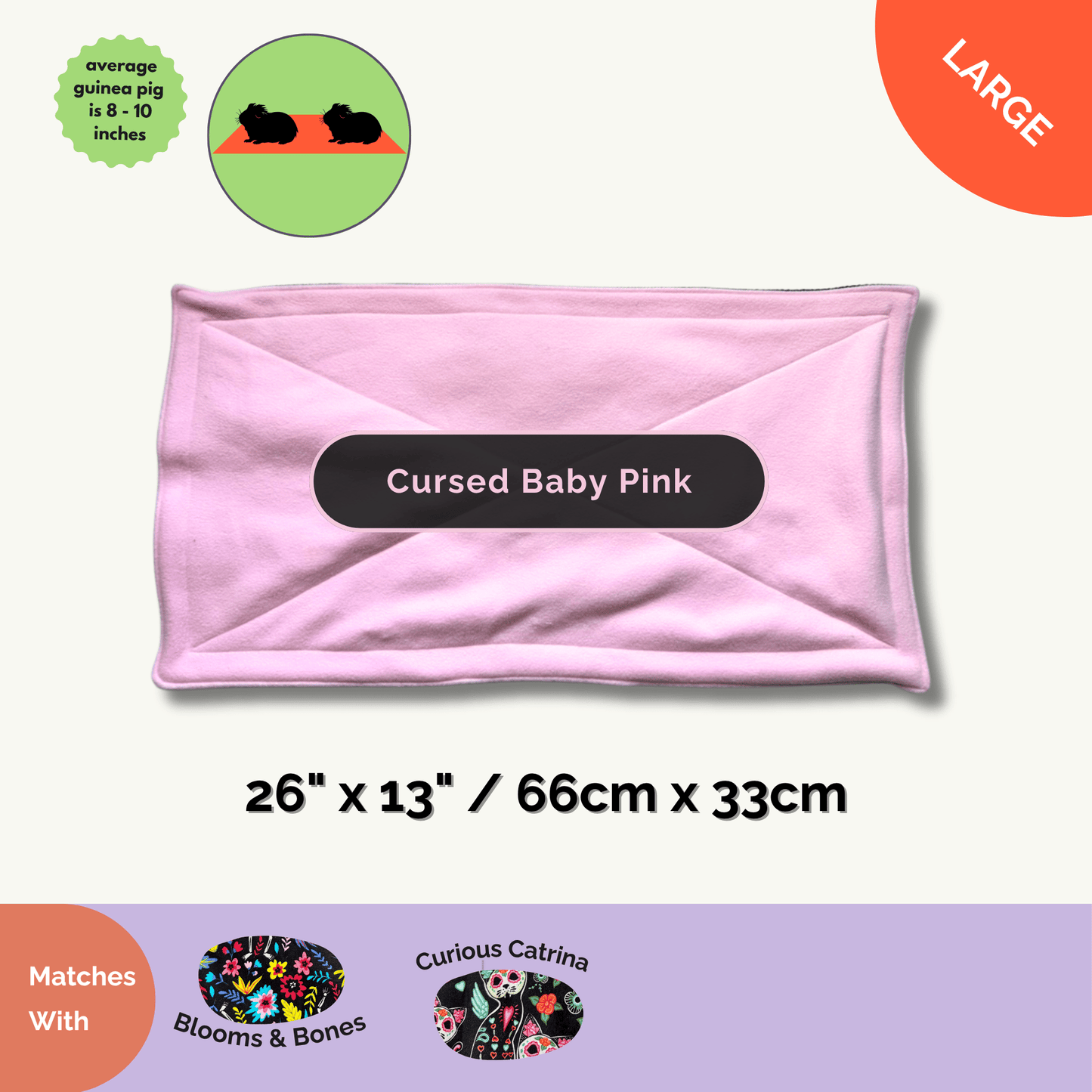 Step into gothic glamour with the large Curious Catrina Matching Pee Pad—26 x 13 inches of plush, pink fleece enchantment for your small pet’s lair. This absorbent pad weaves together spooky-cute style and practical magic, making cage cleanings a breeze for guinea pig ghouls and their humans. Pictured alongside the hauntingly lovely Blooms & Bones and Cursed Baby Pink pee pads, casting a pastel spell across your critter’s cozy crypt.