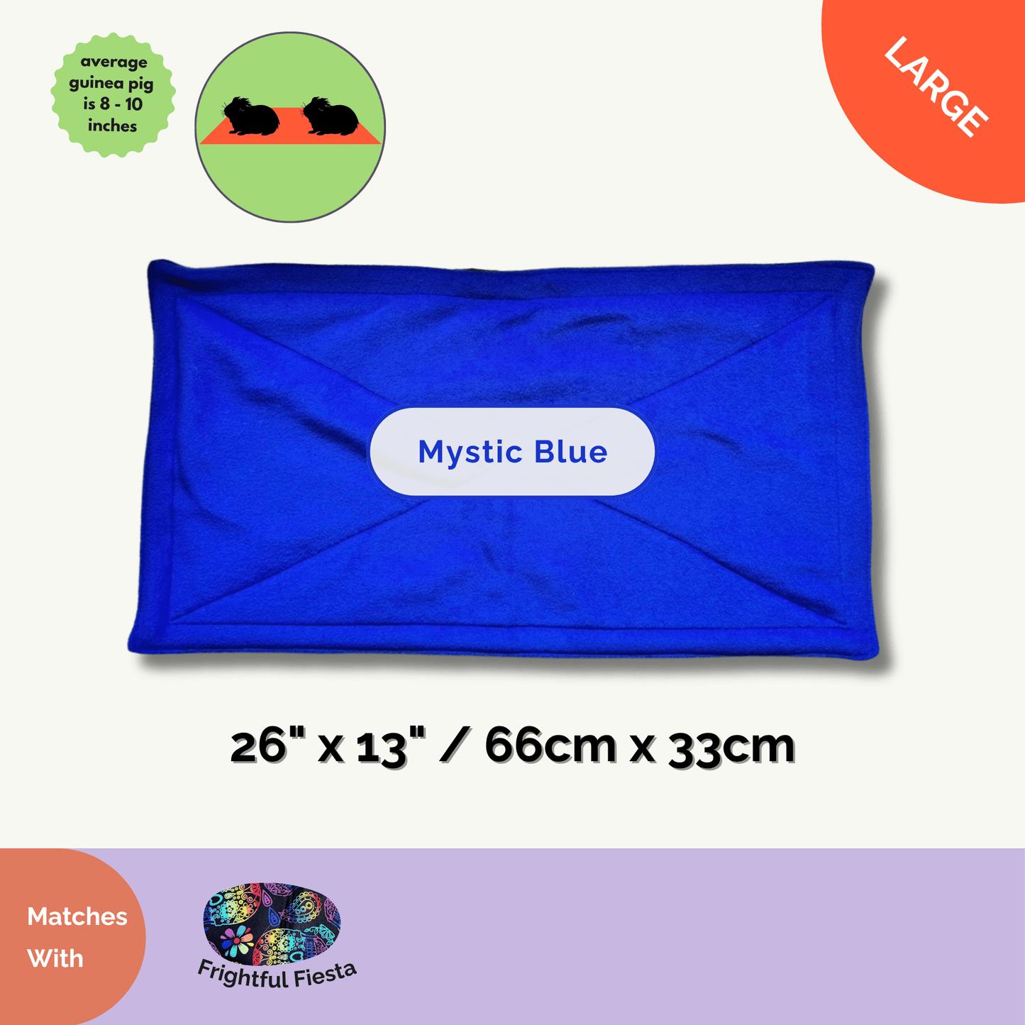 A bewitchingly cozy, oversized rectangular pee pad from the Frightful Fiesta Matching Pee Pads collection, measuring 26 by 13 inches (66 x 33 cm), is pictured against a pale backdrop. Cloaked in midnight-blue fleece and stitched with gothic charm, this enchanting pad is perfect for guinea pigs craving both comfort and style. Crafted with magical Zorb® Silvadur™ layers to keep things frightfully fresh and make daily cleanups a breeze—a hauntingly practical touch for your small companion’s haunted manor!.