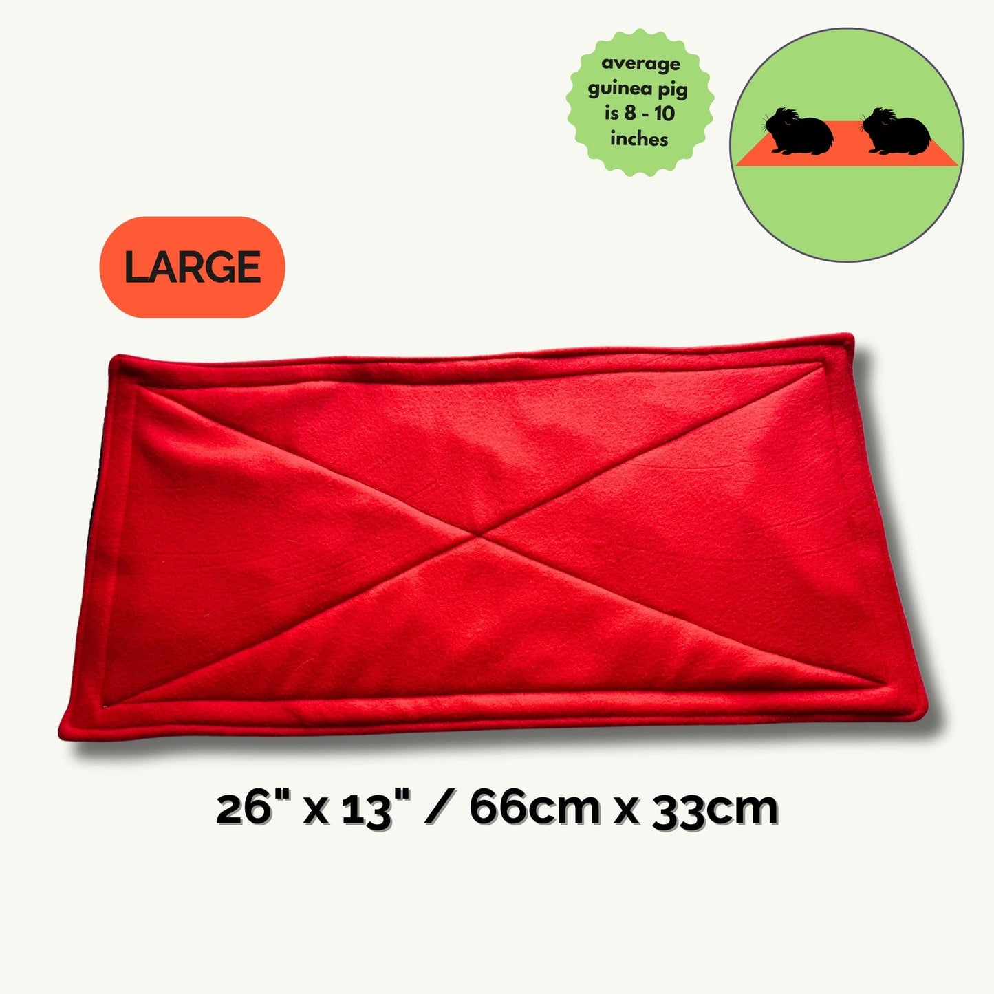 A lavish, rectangular pee pad in deep vampire-red, measuring an impressive 26 by 13 inches (66 cm x 33 cm), awaits your gothic little familiars. A bold “LARGE” label graces one corner like a signature of glamour. In the inset, two adorable guinea pig sprites—each about 8 to 10 inches long—nestle side by side atop the plush surface, highlighting the pad’s grand scale. Perfect for enchanted nights and hassle-free daily cleanings in your cavy castle!.