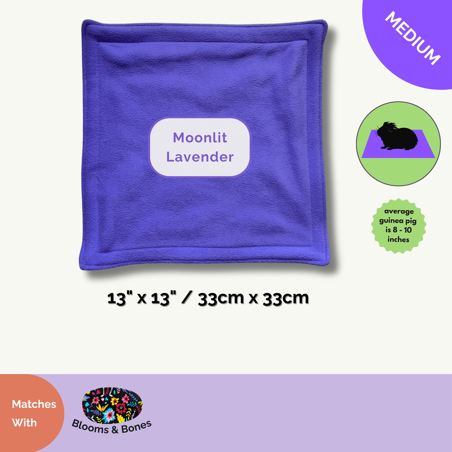 Spooky-cute alt text: A 13x13-inch pee pad in enchanting lavender fleece, stitched with bewitching black trim and crowned with a ghostly guinea pig emblem. Perfectly plush for little familiars, this absorbent pad wards off messes while summoning gothic-glam style. Matches the Curious Catrina Blooms & Bones collection—a hauntingly adorable accessory for stress-free cleanups and magical snuggle spaces!.