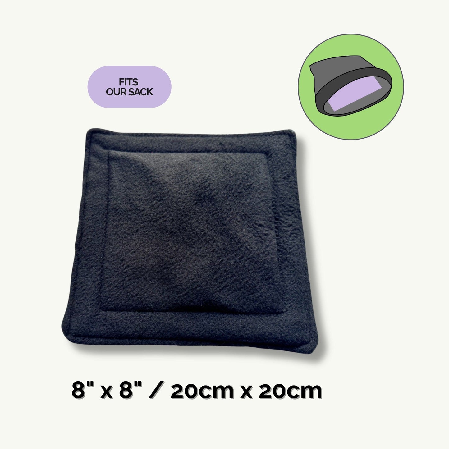 Delight in gothic charm with this pitch-black, perfectly square pee pad (8 x 8, 20cm x 20cm), edged in enchanting stitched detail. The pad looks oh-so snug nestled inside one of our cozy sacks—as shown in the dreamy purple bubble that whispers “FITS OUR SACK.” Banish cleaning woes with a dash of midnight magic for your beloved small pet!.