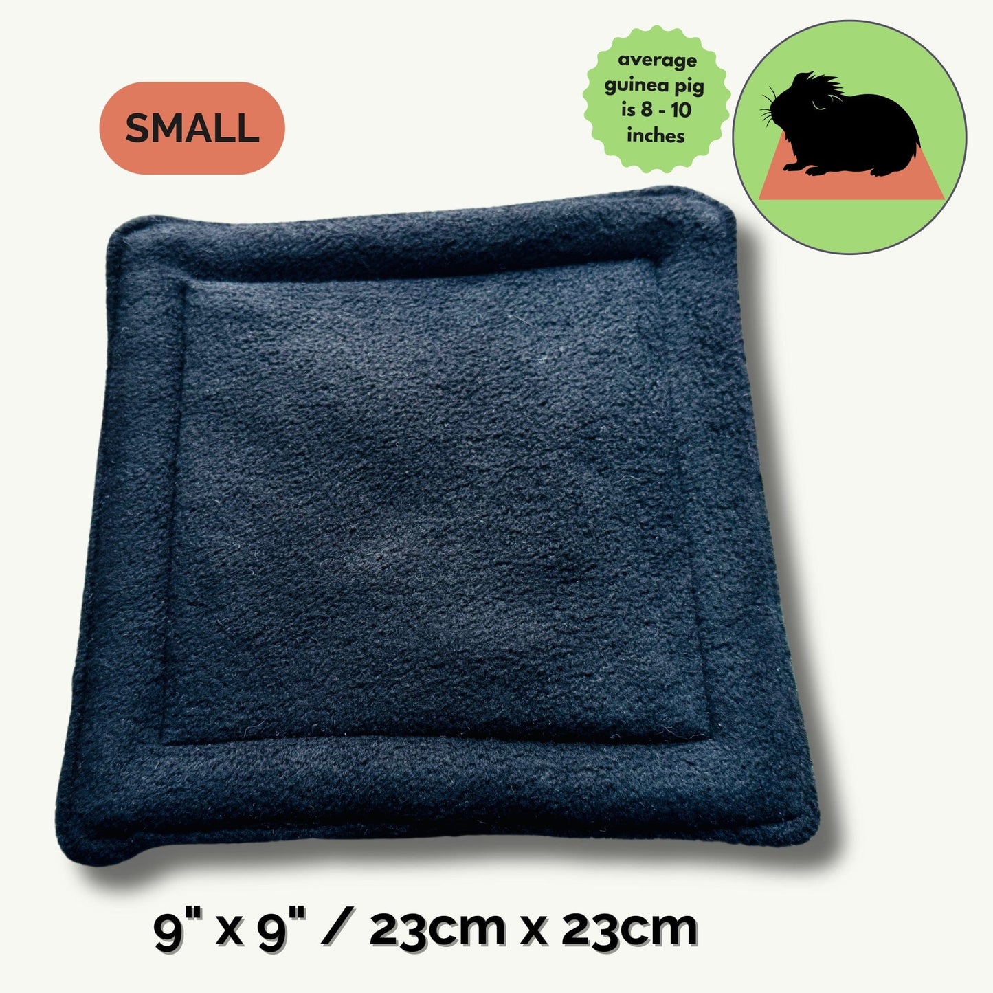 A bewitching, midnight-blue pee pad (9x9in/23x23cm) conjures gothic glam with its plush fleece surface. In one shadowy corner, a whimsically illustrated guinea pig—adorably plump and wide-eyed—perches like the charming phantom of the night. For reference, a delicate script reminds you: most enchanted piggies measure 8–10 inches long. Turn daily clean-up into a gothic ritual, keeping your small companion cozy and stylish with this hauntingly cute mat.