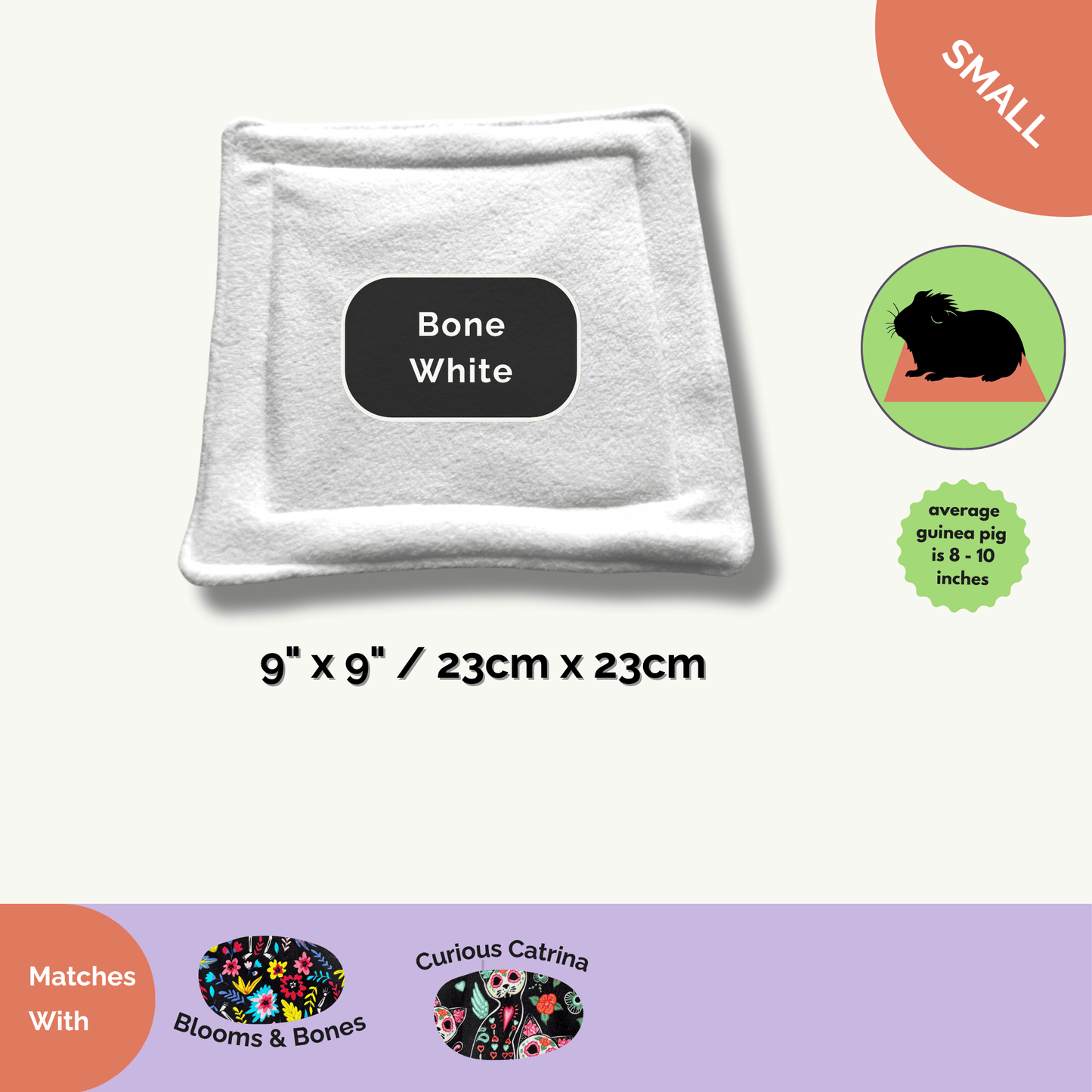 A hauntingly adorable Curious Catrina Matching Pee Pad, draped in bone-white fleece, beckons from the shadows—measuring a cozy 9x9 inches (23x23cm), an enchanting fit for guinea pigs between 8-10 inches long. At its heart lies a shadowy black guinea pig silhouette, whispering gothic style atop the snowy-soft square. Perfect for critter castles in need of easy-clean glamour and spectral charm!.
