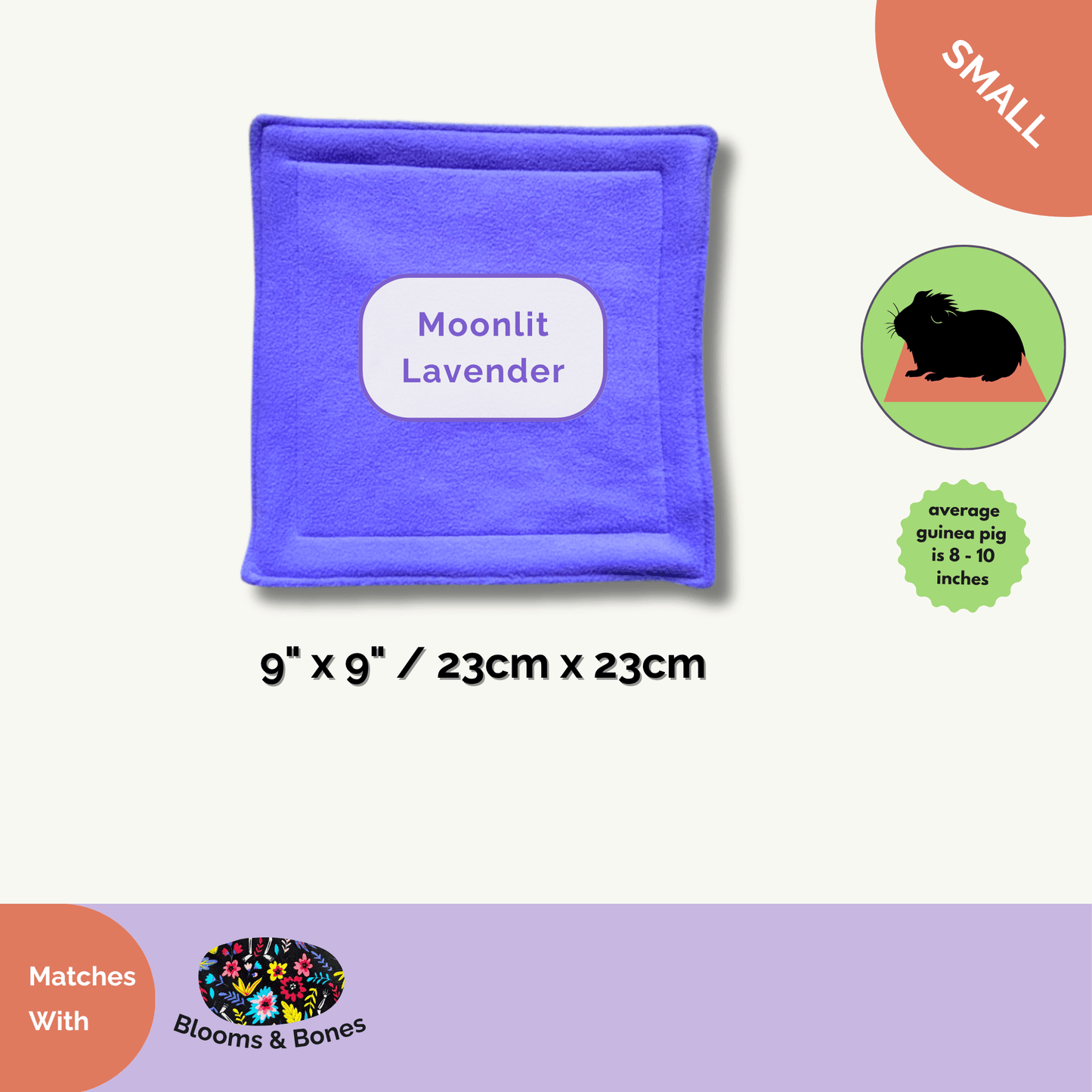 The Curious Catrina Matching Pee Pads, size small (9 x 9 in / 23cm x 23cm), bring gothic-glam flair to your tiny familiar’s lair. A bewitching deep purple fleece cradles a whimsical guinea pig icon, perfect for cozying up your pet’s crypt and keeping it hauntingly clean. Delightfully absorbent—no more graveyard messes! Handcrafted with spooky-cute love by Blooms & Bones for stylish small animals and their doting humans.