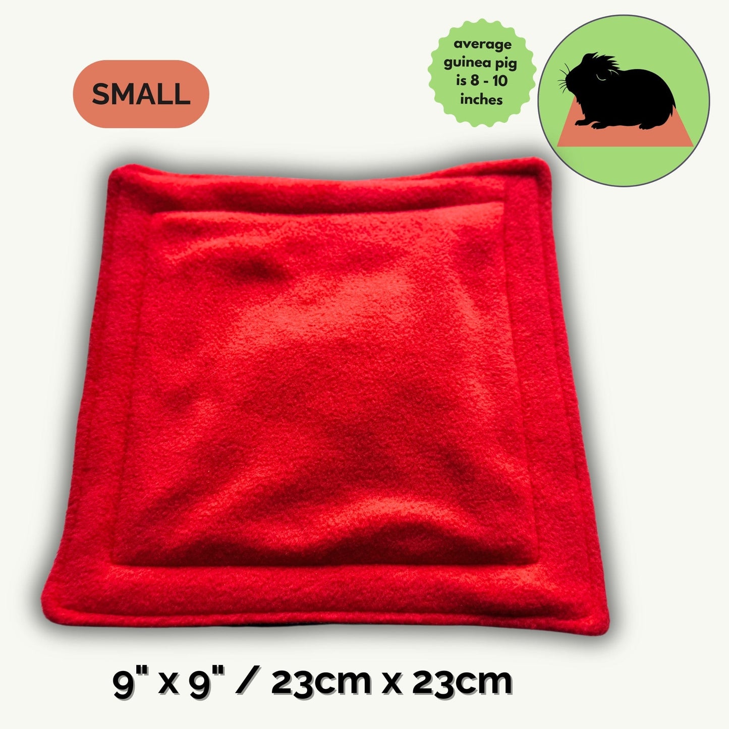 Bewitch your cleaning routine with these gothic-glam SMALL Pee Pads—dark cherry red fleece squares, enchantingly soft and perfectly sized at 9x9 inches (23cm x 23cm). Imagine your mini familiar (guinea pig or tiny companion) scampering across a plush, bat-worthy jewel-toned pad. A whimsical graphic features a shadowy guinea pig silhouette beside the pad for size—a charming reminder that most guinea pigs are about 8-10 inches long. Perfect for cozy crypts and daily hauntings!.