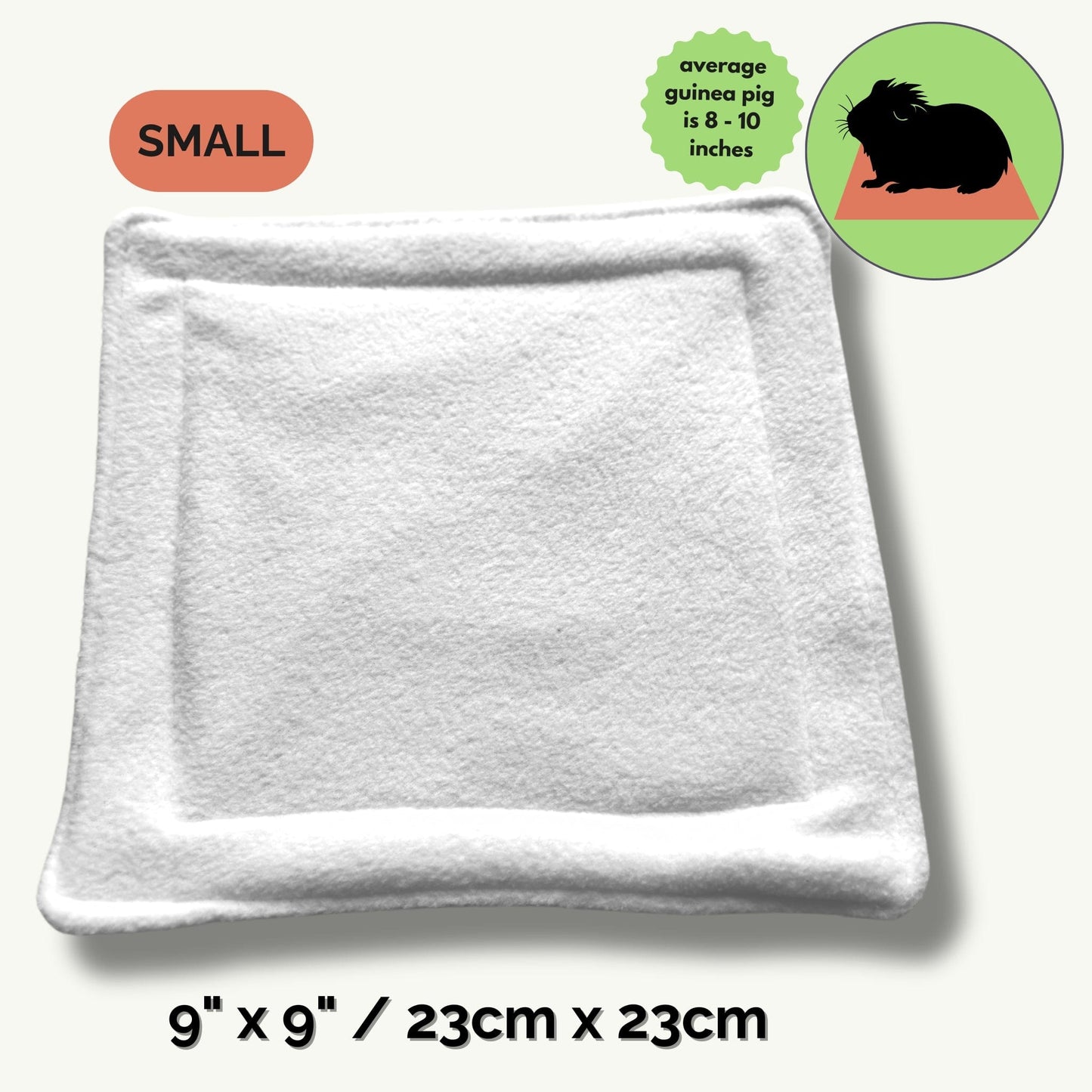 Summon clean vibes with our hauntingly adorable small pet pee pad—a moonlit-white fleece square, bewitchingly soft at 9 by 9 inches (23 by 23 cm), marked “SMALL” in stylish gothic type. Beside it, a charming illustration reveals an average guinea pig’s length—8 to 10 inches—purrfect for sizing your mystical companion’s cozy resting spot. Keep daily messes magically at bay, all with a whisper of gothic-glam flair!.