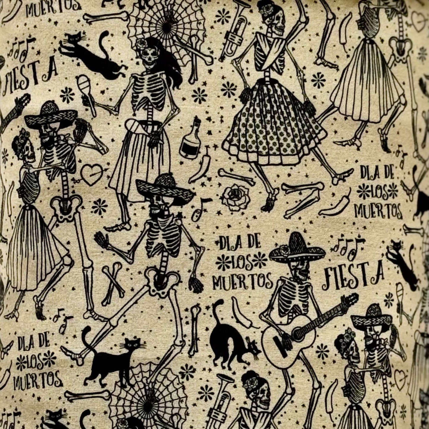 Tombstone Tango Corner Fleece Forest—A whimsically gothic hideaway for your spooky-cute companions! This plush corner curtain flaunts playful skeletons adorned in elegant Mexican fiesta garb, swirling in dance among cheerful guitars, mischievous black cats, and curious guinea pigs. Vibrant pops of orange marigolds and midnight purple set the scene for a glamorous “Fiesta” and “Día de Muertos.” Perfect for small pets ready to waltz into the night—and into your heart—during Day of the Dead festivities!.