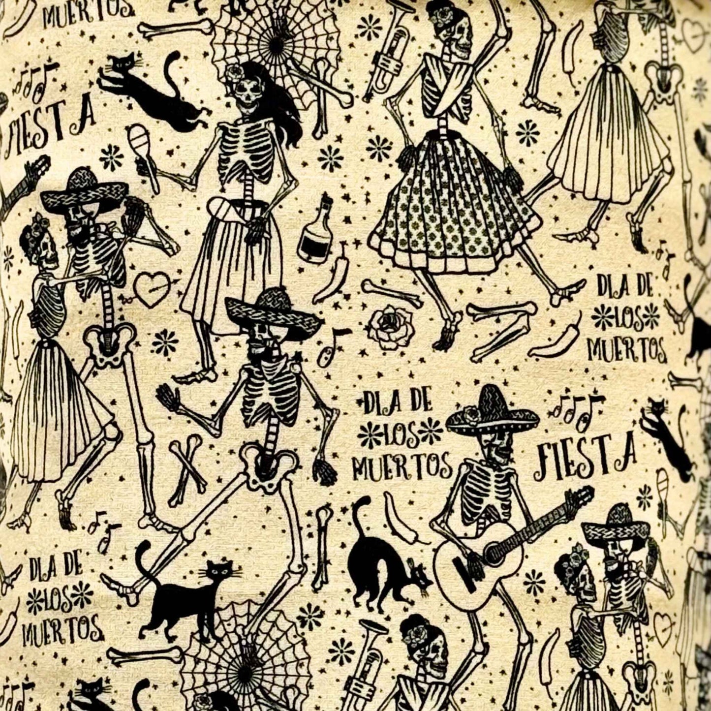 Tombstone Tango Corner Fleece Forest—A whimsically gothic hideaway for your spooky-cute companions! This plush corner curtain flaunts playful skeletons adorned in elegant Mexican fiesta garb, swirling in dance among cheerful guitars, mischievous black cats, and curious guinea pigs. Vibrant pops of orange marigolds and midnight purple set the scene for a glamorous “Fiesta” and “Día de Muertos.” Perfect for small pets ready to waltz into the night—and into your heart—during Day of the Dead festivities!.
