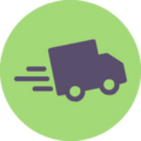 A bewitchingly cute purple delivery truck, bedecked in gothic flair, zooms with ghostly motion lines across a mystical green moonlit circle—swiftly ushering enchanting treasures to your small pet’s haunted manor.