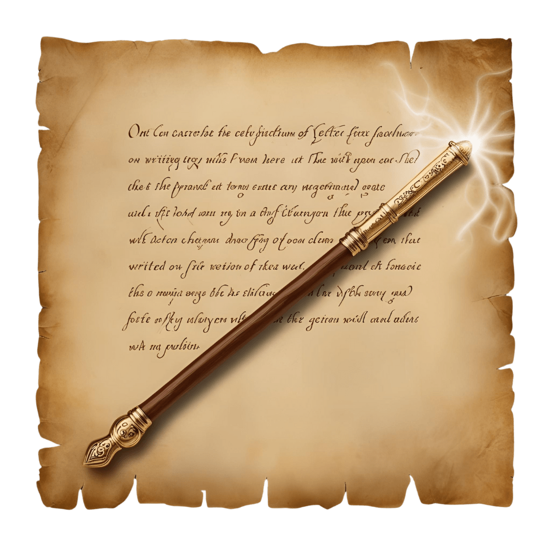 A bewitching, star-tipped wand sparkles as it hovers over a haunted parchment. Wisps of mystical glow curl from the wand’s tip, scattering moonlit shimmer across crinkled paper. The parchment flaunts elegant, gothic script and its edges are charmingly singed and smoky—an enchanting relic for whimsical souls and their tiny companions.