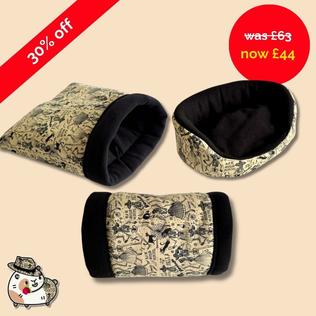 Gothic-glam Tombstone Tango set: three plush, coffin-chic pet beds with black velvet interiors and whimsical beige exteriors. Save 30%! A dapper explorer cat peeks from the corner.