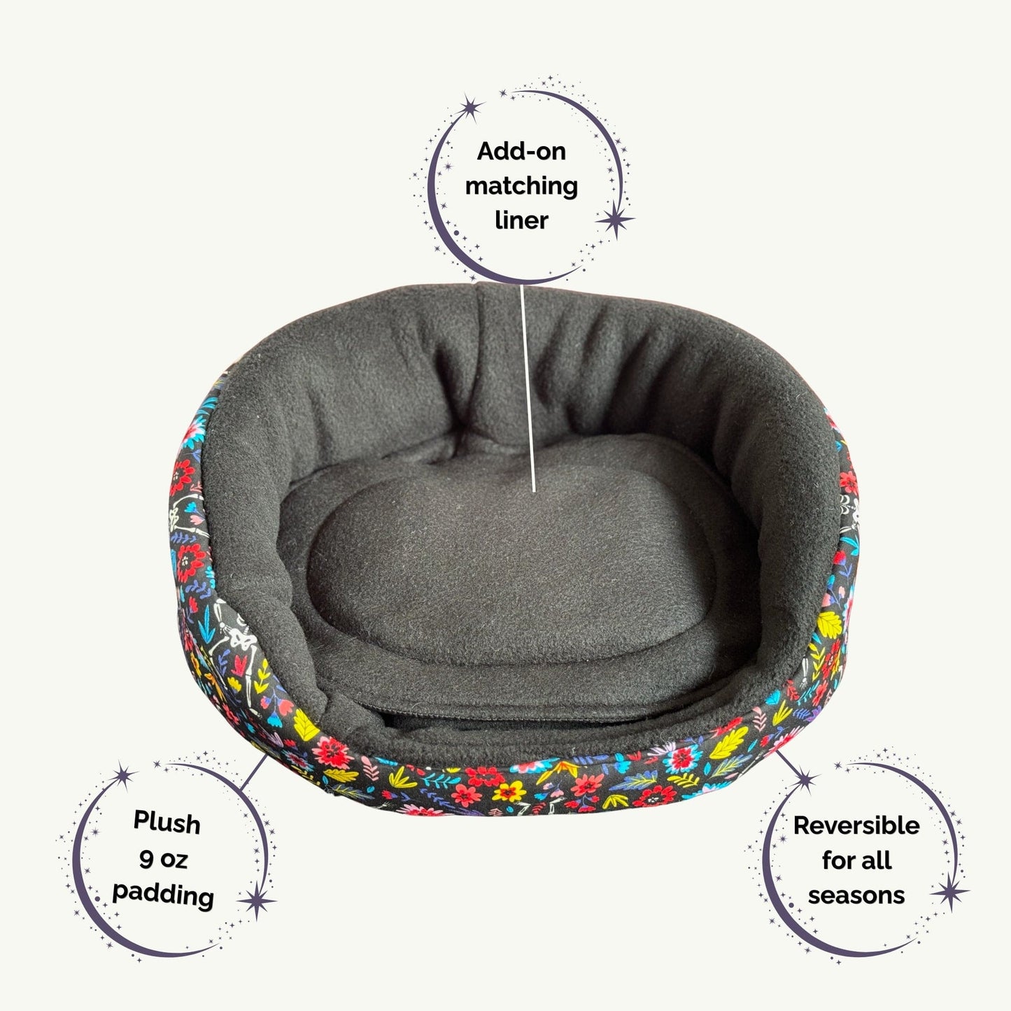 The Blooms & Bones Fleece Bed enchants with a ring of bewitching, jewel-toned flowers and plush, midnight-gray 9 oz fleece. This gothic-glam nest is reversible—choose between playfully blooming or mysteriously dark sides to suit your small pet’s mood. Comes with an optional matching liner for extra coziness. Perfectly sized for guinea pigs and little familiars, this spooktacular bed brings whimsy and charm to every season in the Blooms & Bones collection.