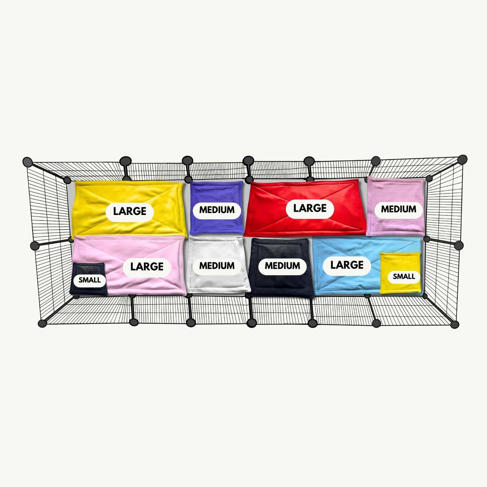 A bewitching wire rack cradles ten Blooms & Bones Pee Pads—small, medium, and large—snugly sorted in shadowy cubbies.