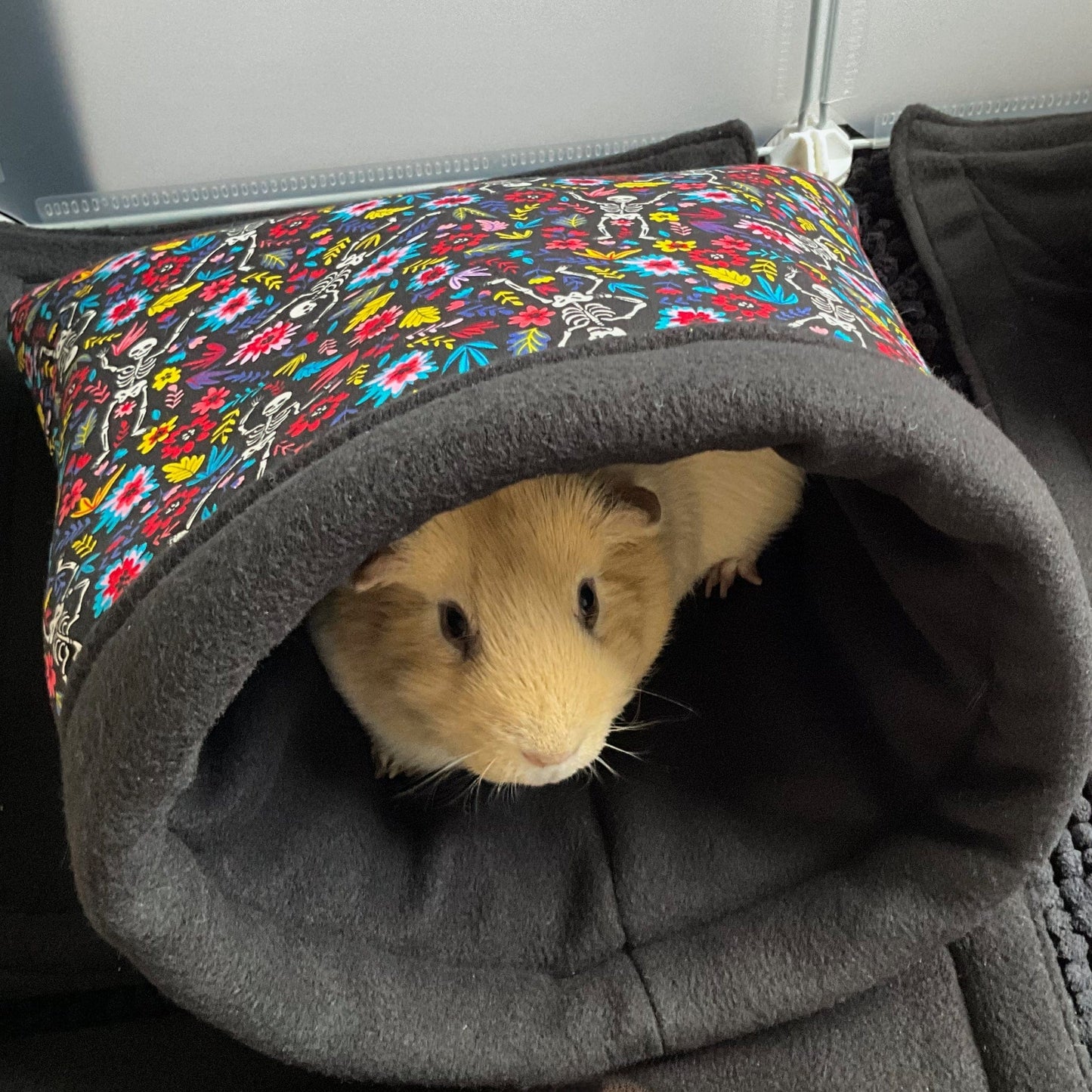 A caramel-hued guinea pig nestles enchantingly within the Blooms & Bones Snuggle Sack—a plush, gothic hideaway of midnight gray fleece crowned with bewitchingly bright, floral-patterned fabric. This whimsical lair offers cozy comfort and shadowy shelter for small companions, creating a perfect gothic-glam nap nook for guinea pigs and their adorable kindred spirits.