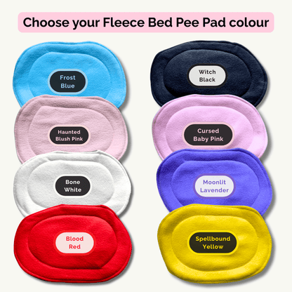 Blooms & Bones Bundle: 8 fleece pee pads in goth-glam hues—midnight black, petal pinks, moonlit lavender, crimson red, eerie blue, ghostly white, and sunshine yellow. Spoil your spooky-cute piggy’s lair and save 30%!.