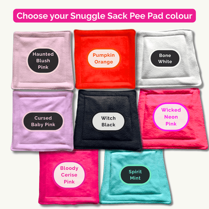 Whimsical bundle of 8 goth-glam pee pads: blush, neon pinks, bone white, mint & black—snuggly fleece for spooky-cute small pets!.