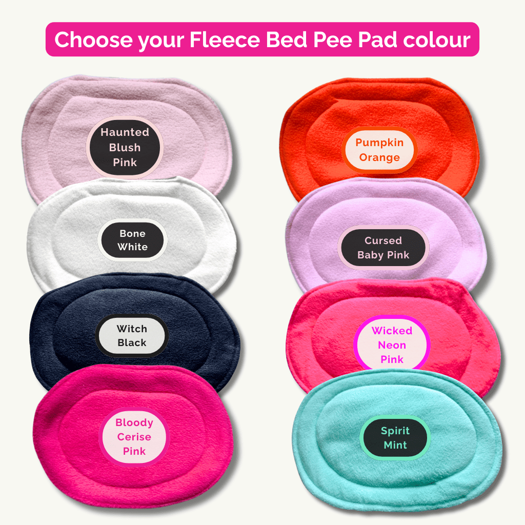 Curious Catrina set: eight jeweled oval fleece pee pads—Haunted Blush Pink, Witch Black & more—spellbinding cozy glamour!.