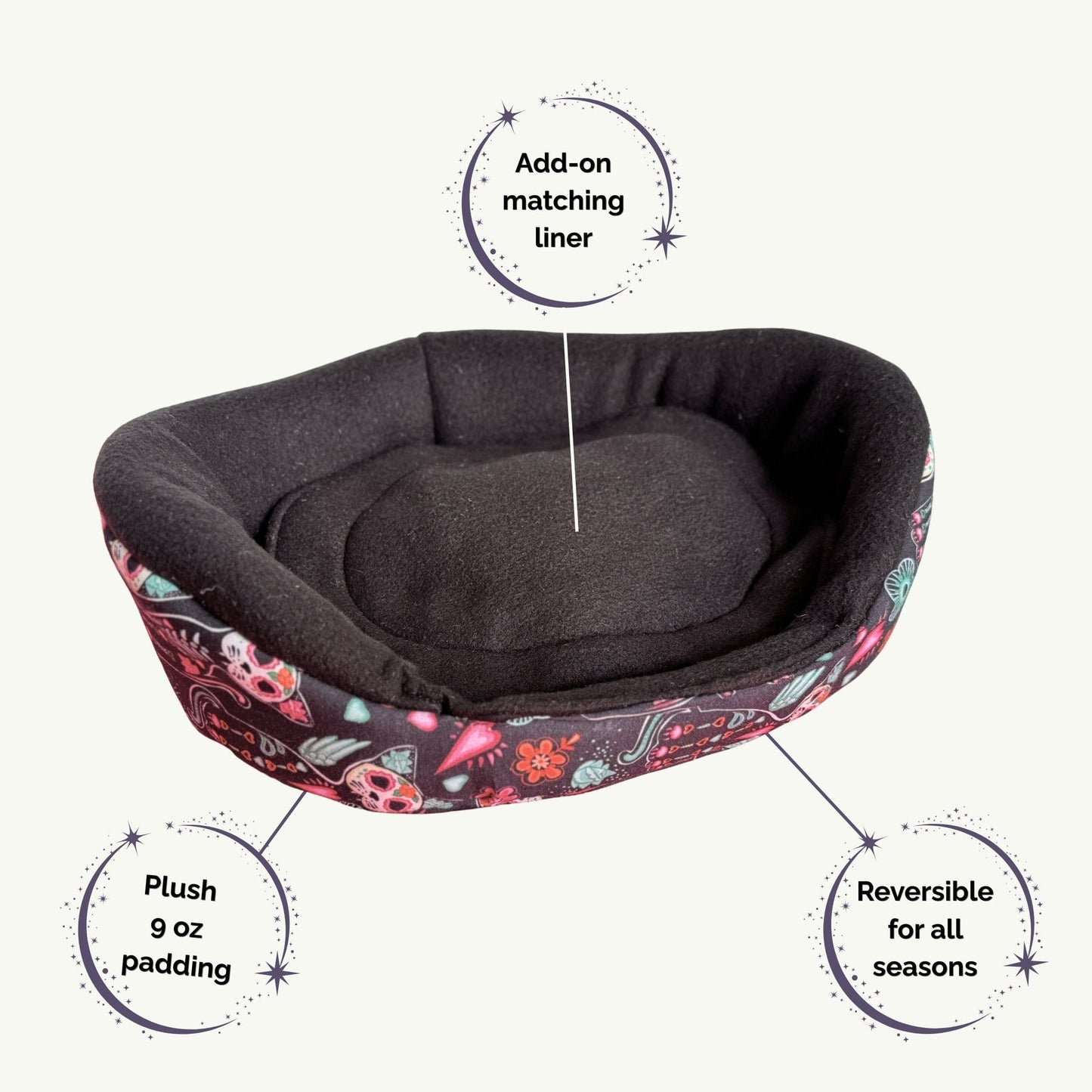 The Curious Catrina Fleece Bed enchants with gothic-glam style—think candy-bright sugar skulls and lush blossoms swirling across cozy fleece. This plush retreat boasts thick 9 oz padding, a mysterious midnight-black liner, and a magical reversible design for all seasons. Perfect as a guinea pig or small pet bed for furballs who dream in moonlight and flowers.