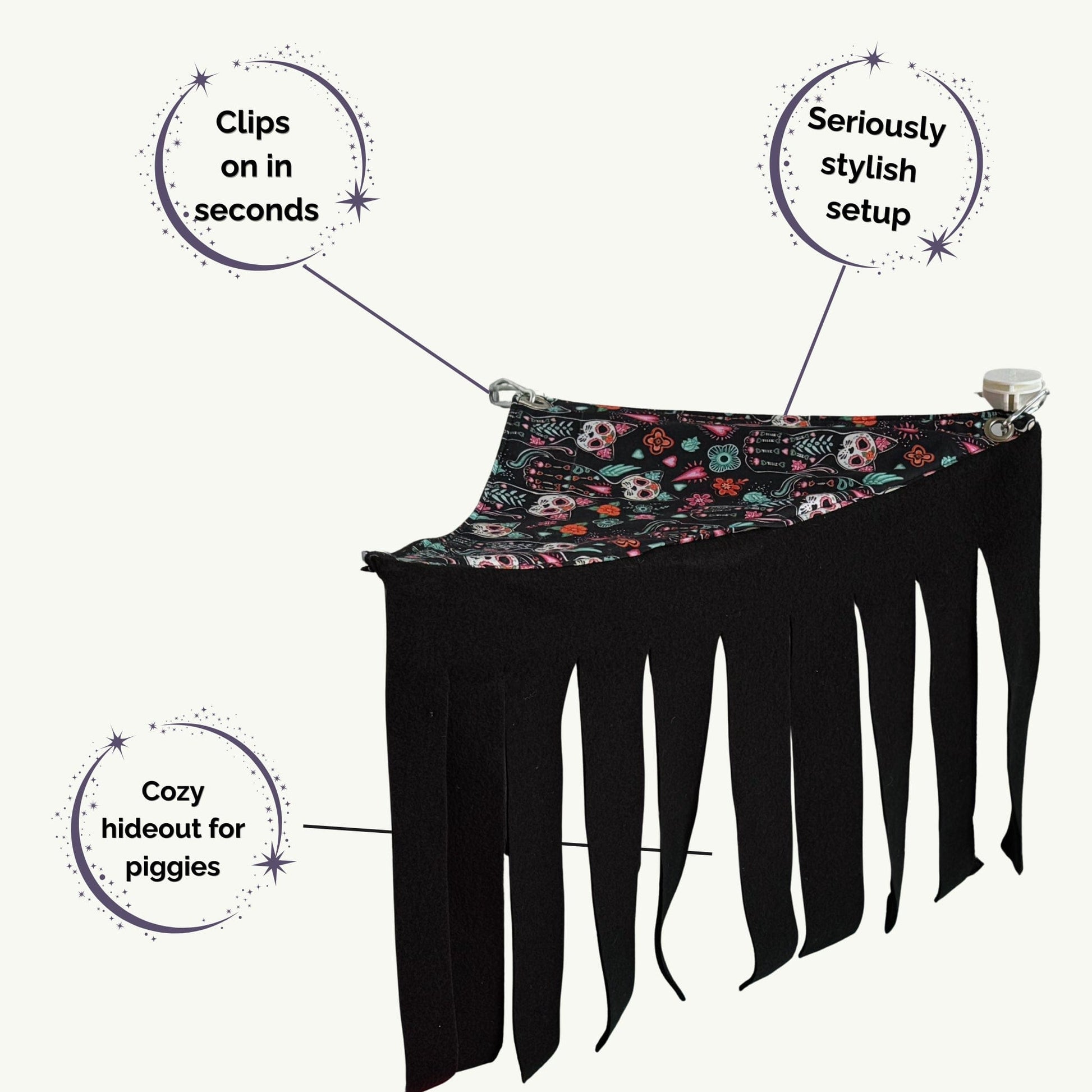 Enchant your piggie’s palace with the Curious Catrina Corner Fleece Forest—a bewitching black hammock adorned with dazzling, sugar-skull motifs. Whisper-soft fleece offers a secret nook for midnight snuggles, while sturdy clips conjure instant gothic glamour in any cage corner. A snuggly sanctuary for adventurous souls and tiny trick-or-treaters alike! Callouts: Clips on easily, Spookily chic style, Cozy crypt for curious piggies.