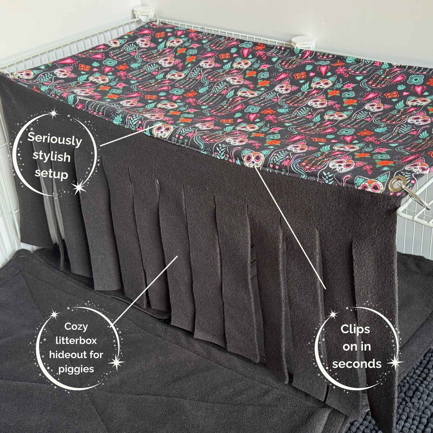 Enchant your piggies with a gothic-chic fleece forest: skull hideaway, black drapes, plush litter nook—spookily cute and easy to set up!.