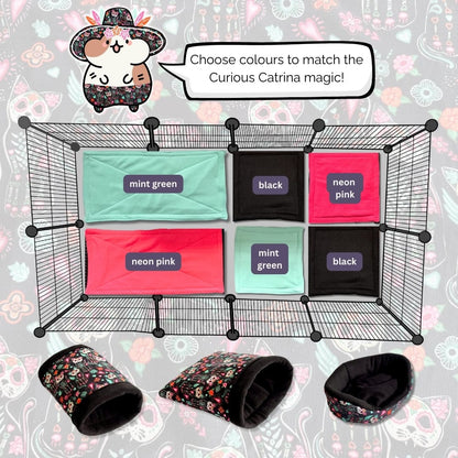 Bewitchingly cozy modular fleece liner and pee pad set, shown in mint green, midnight black, and electric neon pink—perfect for pampered little familiars! Below, a spirited cartoon Catrina (complete with floral crown and elegant sugar skull makeup) invites you with a whisper: “Choose colours to match the Curious Catrina magic!” Spooky-cute patterned liners and reusable potty pads await your small beastie’s gothic-glam slumbers.