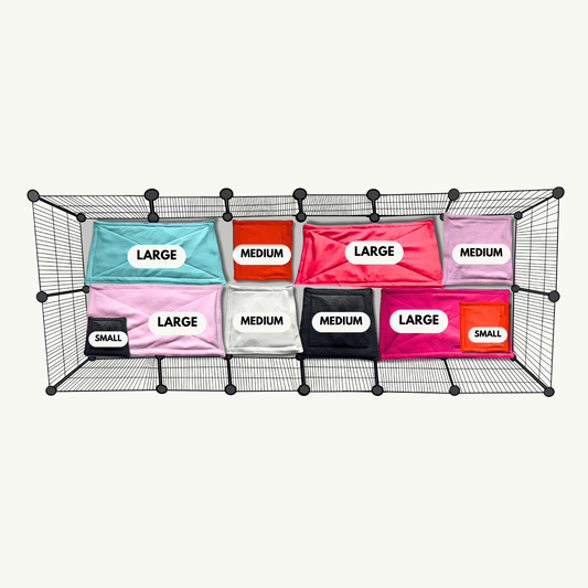 Upon a shadow-kissed wire shelf, ten enchanting Blooms & Bones storage bags await—sumptuously vivid in gothic hues and playful pastels, each size (large, medium, small) crowned with an ornate label. The bags rest in two charming rows beside Curious Catrina Matching Pee Pads adorned with sweet skeleton blooms—ready to tame the spookiest of messes while keeping your darling creatures’ lair stylishly clean.