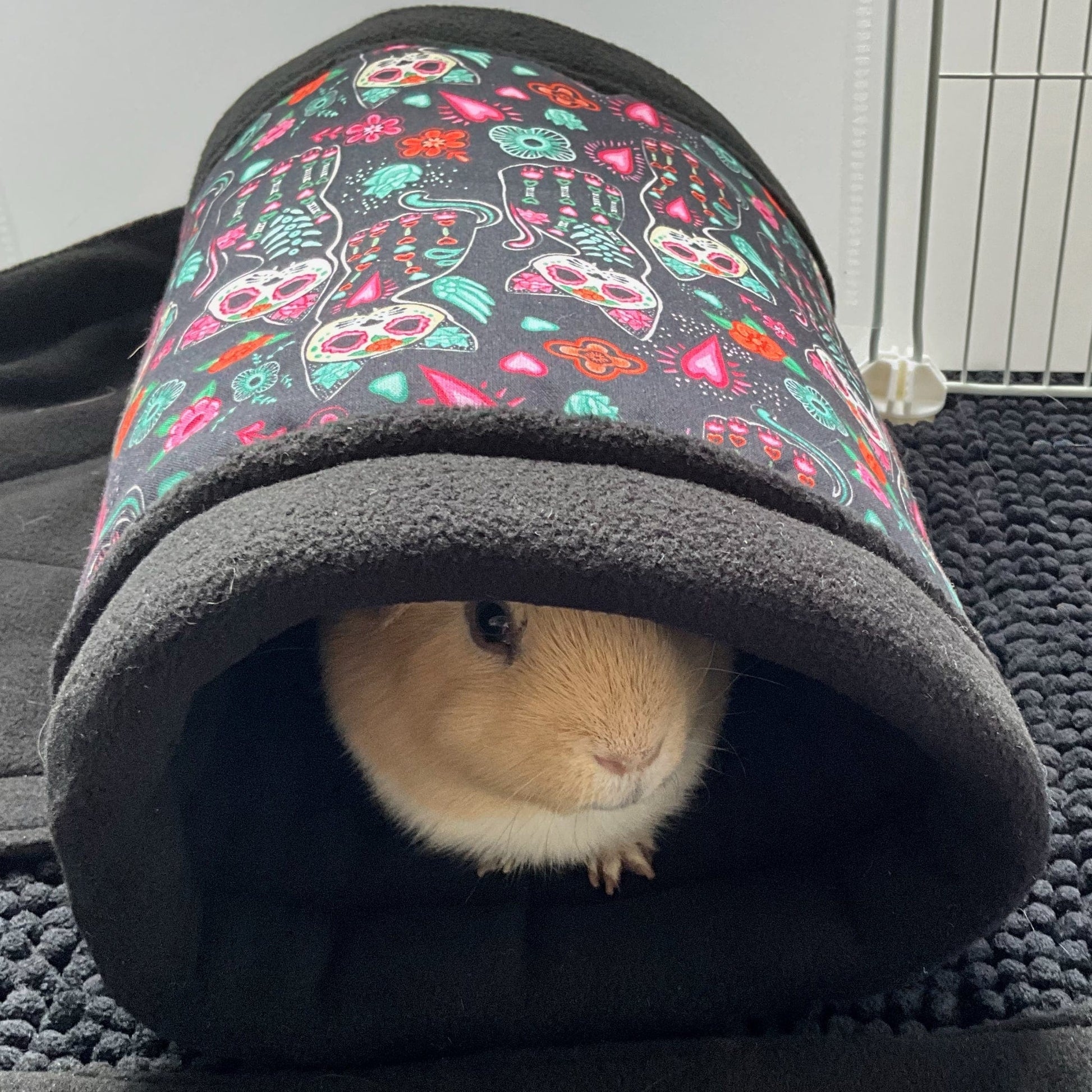 A charming light brown guinea pig gazes out from inside the Curious Catrina Fleece Tunnel—a cozy gothic hideaway adorned with vibrant sugar skull cats in jewel tones, swirling roses, and mystical filigree. The plush tunnel sits atop a velvet-black mat with a cobweb texture, casting shadowy contrast near a white pet cage. Spooky-cute comfort for your small companion’s nightly haunt!.