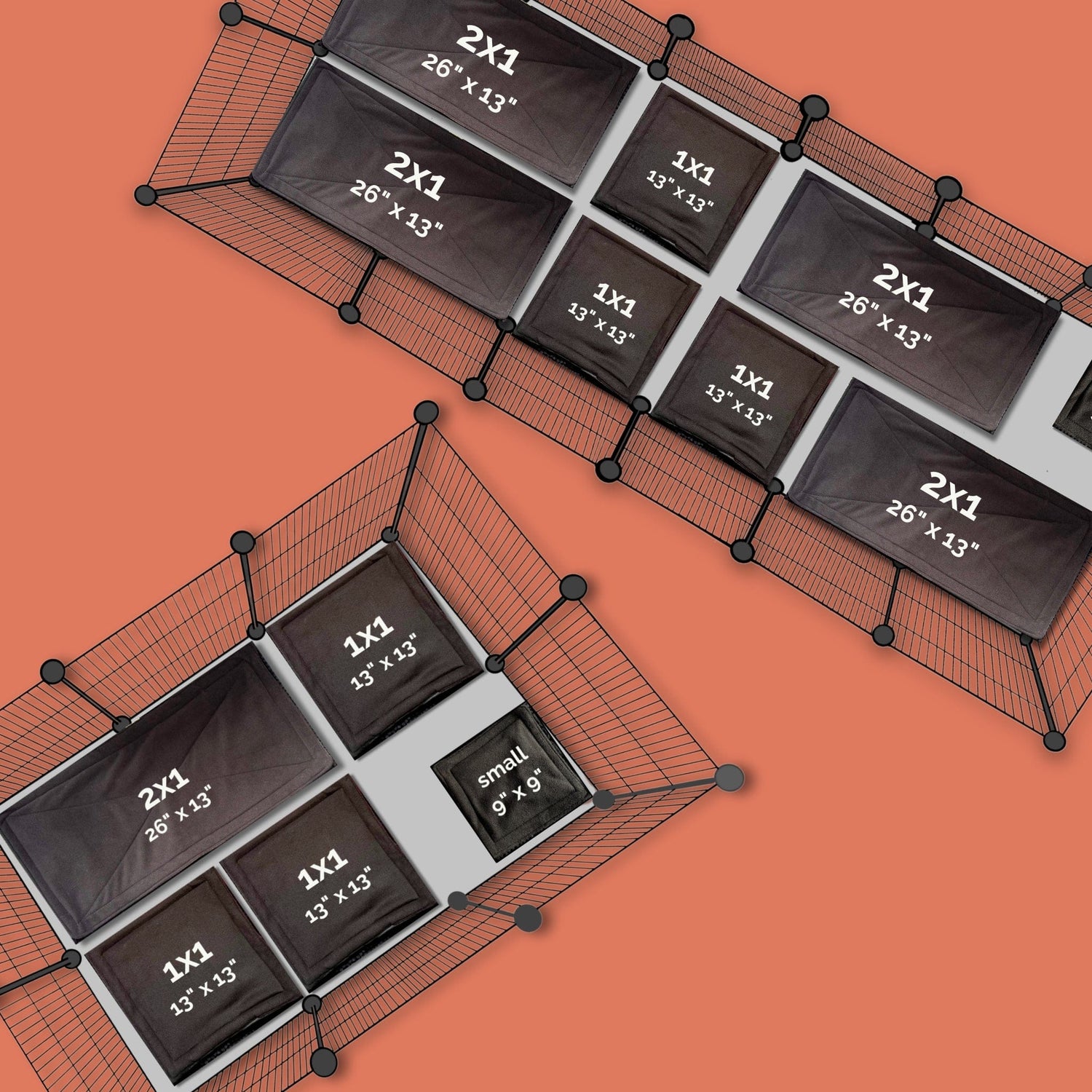 Two enchanted mesh cages nestled side by side, each cradling velvety black fabric panels—cozy crypts for your pocket-sized familiars! Panels are neatly labeled with ghostly white text: a stately 2x1 (26 x 13), a perfect-square 1x1 (13 x 13), and a dinky ‘small’ panel (9 x 6)—all ready to conjure up spooky-chic castle walls or plush hideouts. The dreamy scene rests upon an eerie, pumpkin-orange backdrop that glows like candlelight at midnight.