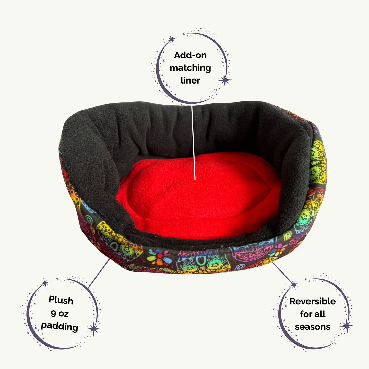 The Frightful Fiesta Fleece Bed beckons your guinea pig into a whimsical gothic dream—its plush 9 oz padding wrapped in a dramatic dance of colors. Outside, a lively patchwork of haunted hues shimmers with Halloween flair, while the interior is lined in midnight black and blood-red fleece for that perfect spooky-glam touch. This reversible bed suits creatures of all seasons and cravings, with an optional matching liner to summon extra coziness for your little familiar’s moonlit naps.