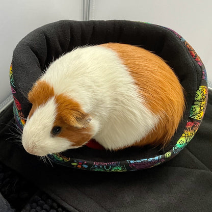 A darling brown and white guinea pig lounges in hauntingly cute style on our Frightful Fiesta Fleece Bed—a gothic-glam nest crafted from midnight black fleece, adorned with pops of whimsical, candy-colored patterns. The perfect spell for cozy comfort and spooky snuggles—made just right for your little companion of the night.
