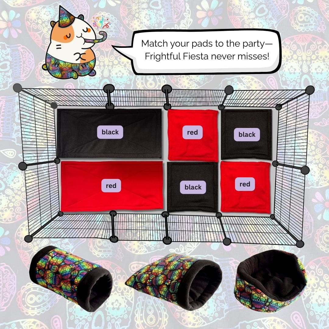A mischievous guinea pig, decked in a glittering party hat, invites you to the Frightful Fiesta—where style haunts every corner! Black and crimson pee pads form a dramatic patchwork grid, while cozy hideouts adorned with vivid sugar skulls beckon below. Perfect for pampered piggies who love their lair as enchanting as Halloween night!.