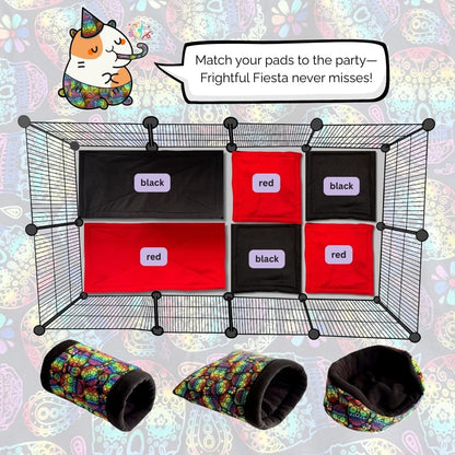 A mischievous guinea pig, decked in a glittering party hat, invites you to the Frightful Fiesta—where style haunts every corner! Black and crimson pee pads form a dramatic patchwork grid, while cozy hideouts adorned with vivid sugar skulls beckon below. Perfect for pampered piggies who love their lair as enchanting as Halloween night!.