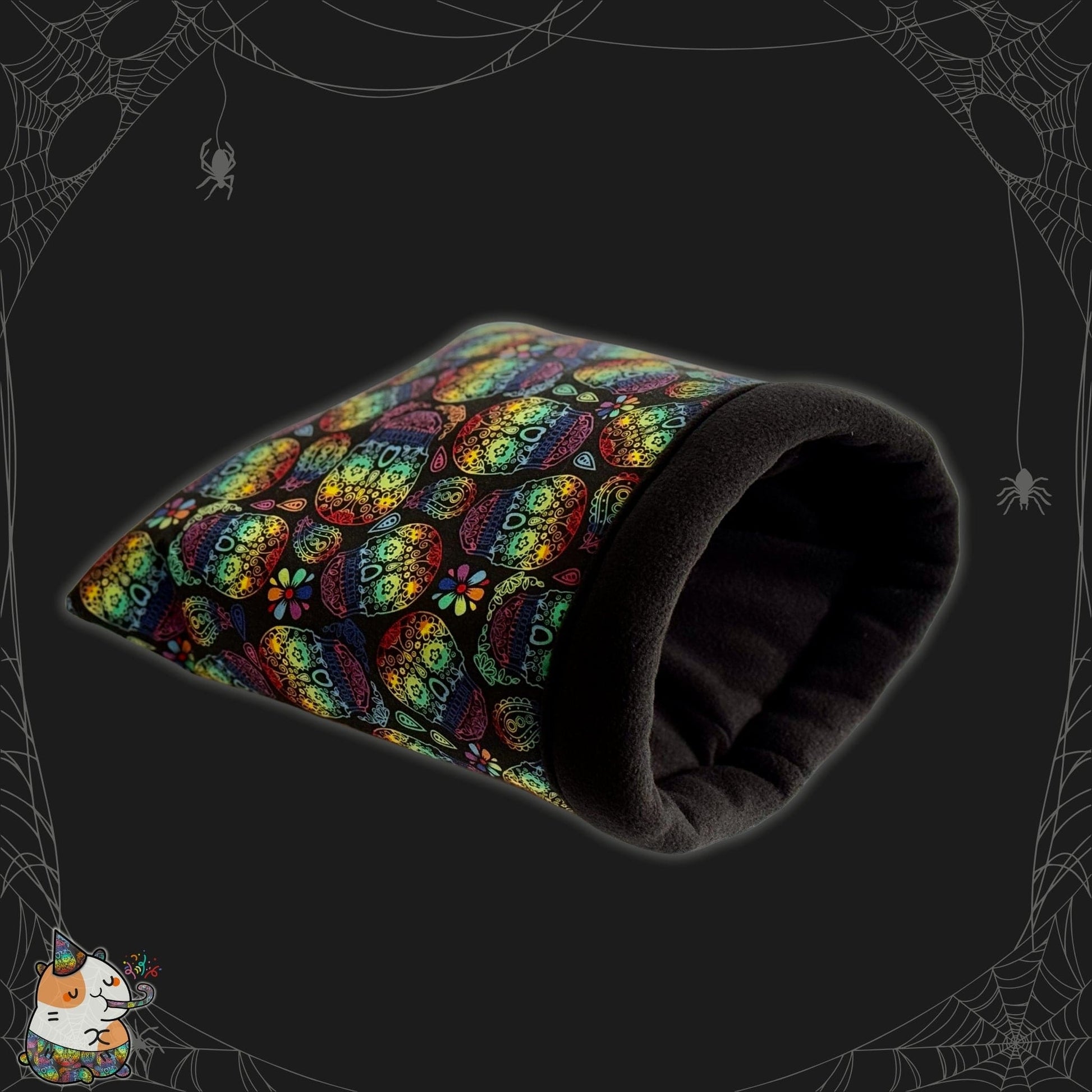 The Frightful Fiesta Snuggle Sack conjures a charmingly spooky hideaway for guinea pigs—a gothic-glam delight! This cozy pouch features vivid rainbow sugar skulls dancing across midnight-black fabric, entwined with silvery spiderwebs and playful little spiders. The plush fleece lining promises a snuggle fit for a vampire’s familiar. In one corner, Fiesta the Fabulous—the design mascot—keeps watch over your pet’s haunted dreams.