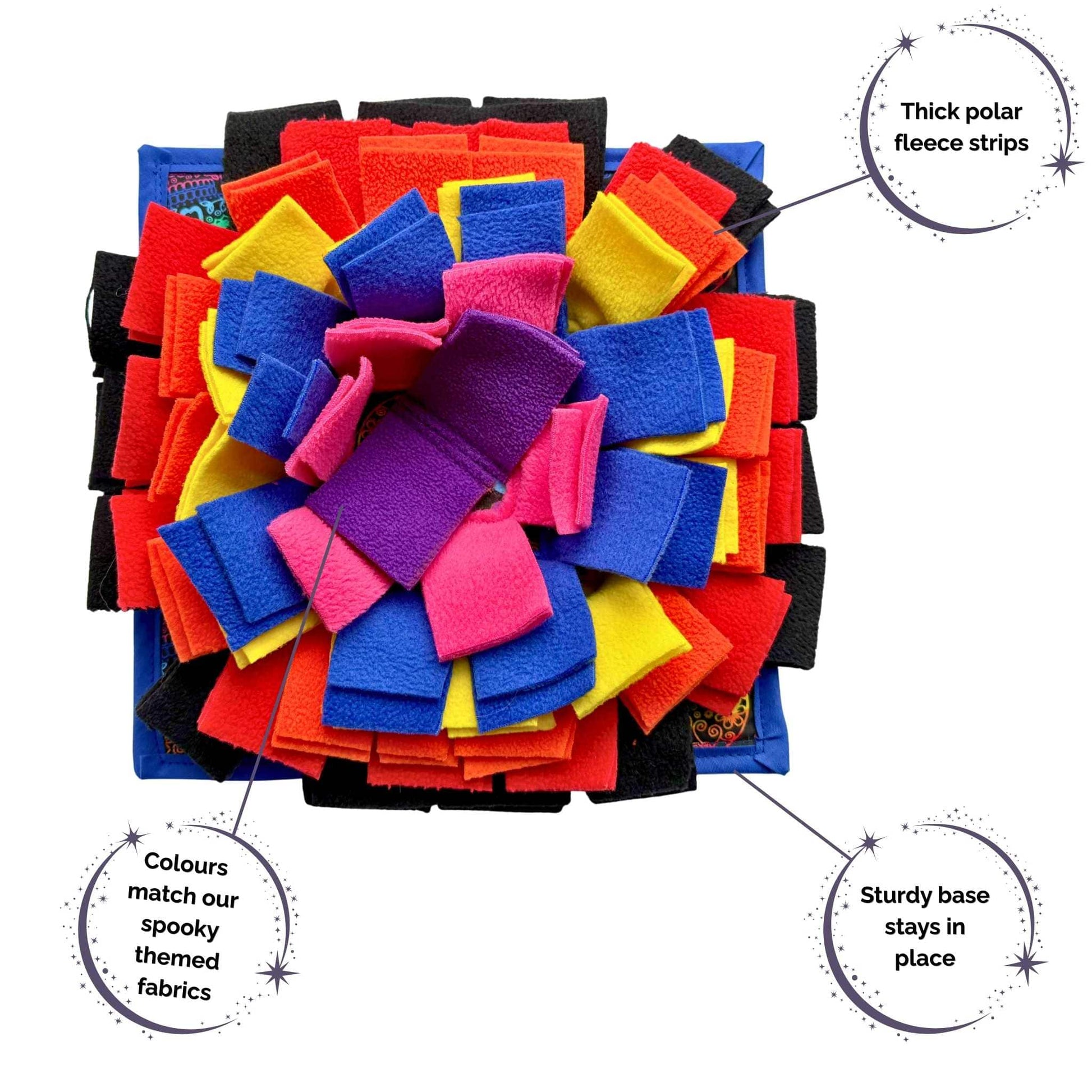 Enchant your guinea pig with a gothic-glam snuffle mat: lush fleece strips in vivid spooky hues await hidden Halloween treats!.