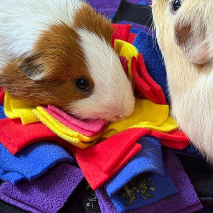 Two guinea pigs haunt the Frightful Fiesta Snuffle Mat—velvet reds, eerie blues, gothic pinks—on a playful quest for hidden treats.