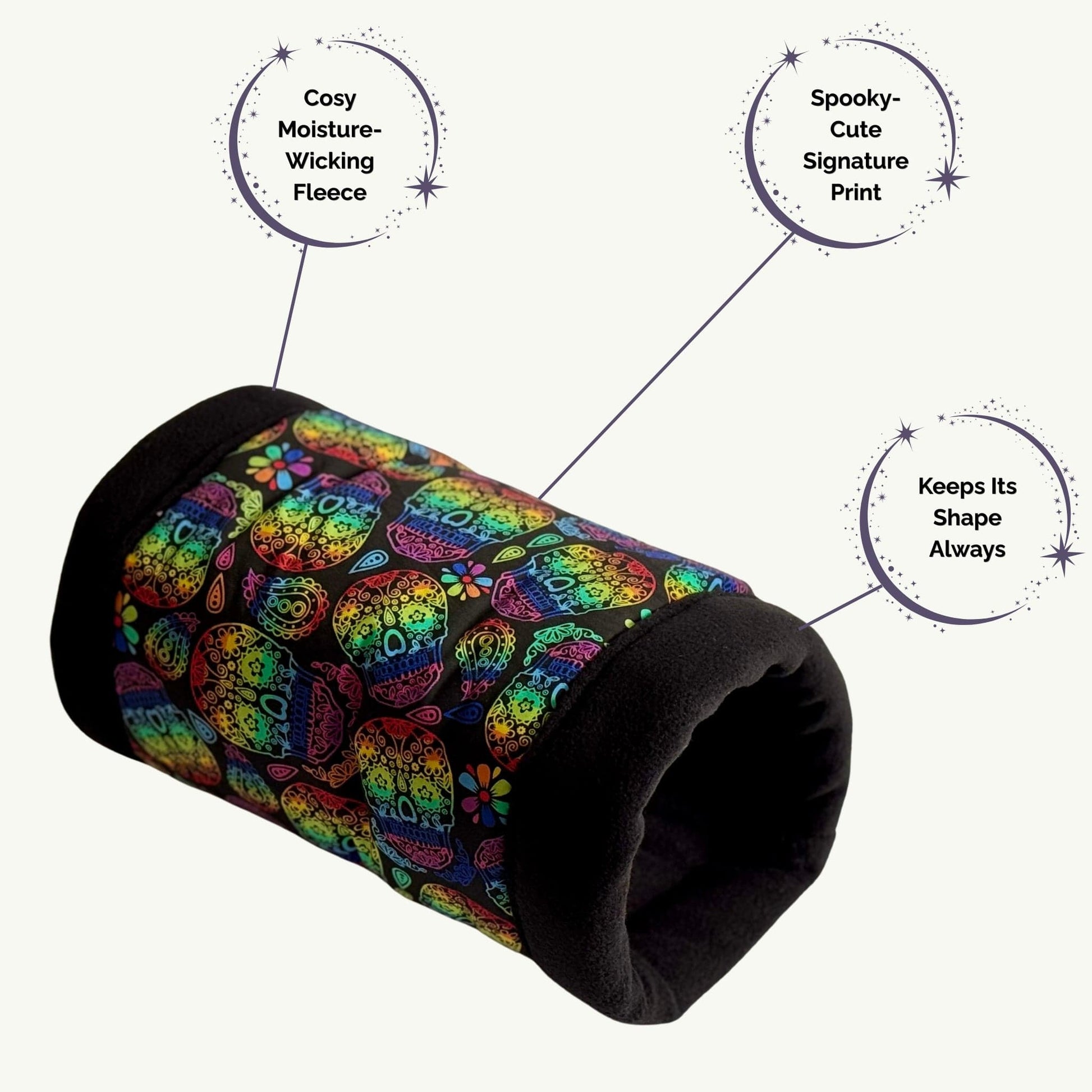 The Frightful Fiesta Fleece Tunnel enchants with a gothic-glam sugar skull pattern in bright, festive hues scattered across deep midnight-black fleece. Whimsically spooky yet irresistibly soft, this cozy tunnel features moisture-wicking fabric for dry snuggles and a sturdy, washable design that keeps its plush shape—ideal for little ghouls and guinea pigs who love mysterious zooms and shadowy hideaways.