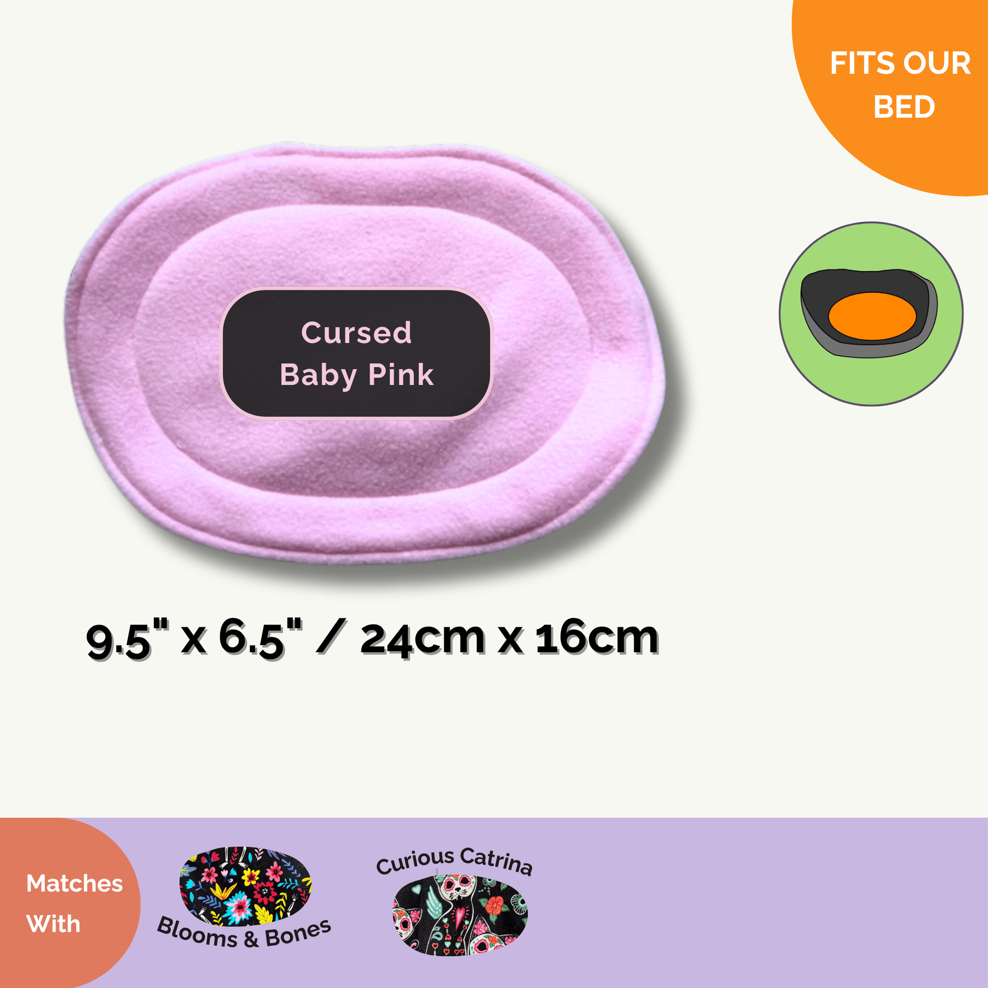 The Curious Catrina Matching Pee Pads summon gothic-glam charm in a haunted blush—Cursed Baby Pink. Each pad (9.5 by 6.5 inches, or 24 by 16 cm) swathes your little familiar’s space in whisper-soft comfort, featuring absorbent layers to banish drips and odours like magic. Adorned in bewitching matching patterns with a “Fits Our Bed” badge, these pee pads cast practical sorcery for cozy naps and simple clean-ups—perfect for pampered guinea pigs and other small companions craving spooky-cute luxury.