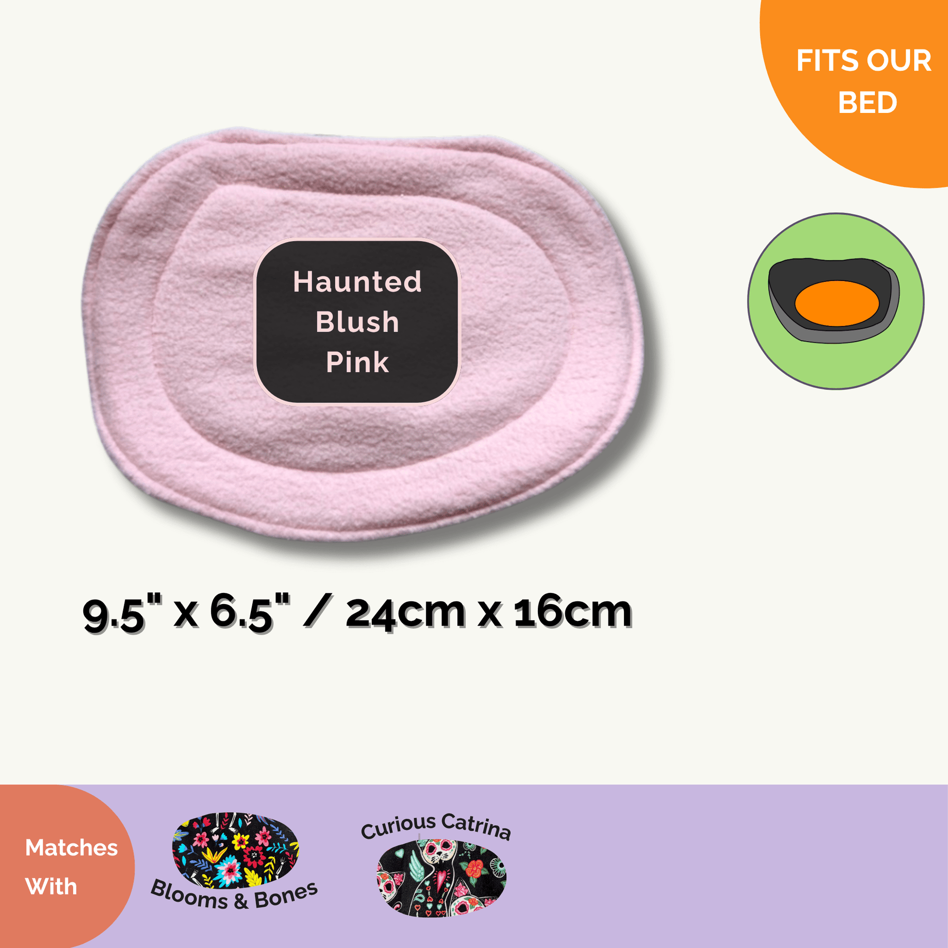 An enchanting oval pet bed liner in Haunted Blush Pink rests in the spotlight, its soft rosy hue conjuring visions of dusted rose petals and moonlit velvet (9.5 x 6.5 inches/24x16 cm). Surrounding the bed are festive, gothic banners announcing the Curious Catrina Matching Pee Pads—petite yet powerful accessories that ward off odours like charming little talismans. Everything is designed to cloak your small pet’s space in cozy gothic glam, perfect for spirited guinea pigs or mystical pocket pals.