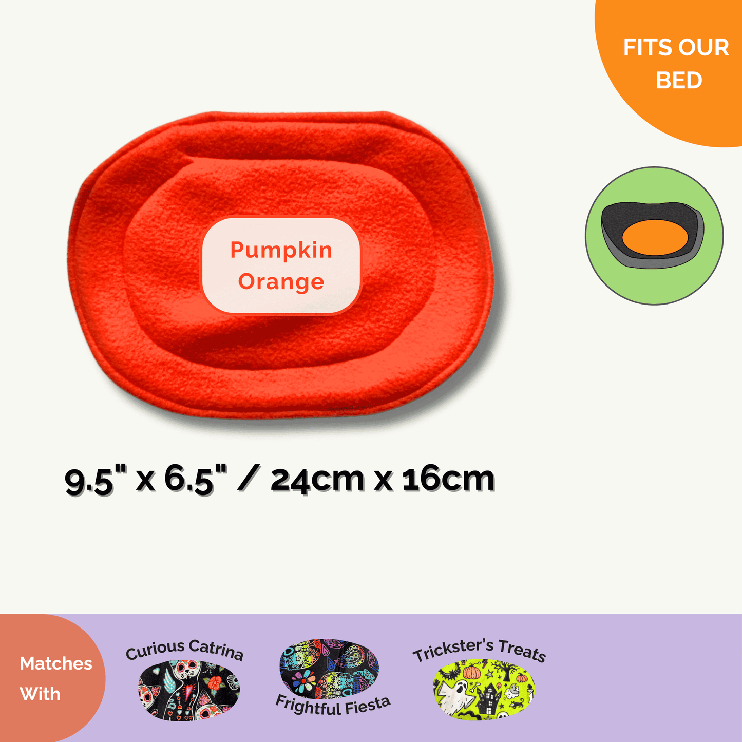 Bewitching pumpkin-orange oval pet bowl, odor-proof and snug-fitting. Matches three whimsy Halloween fleece pee pads for guinea pigs.