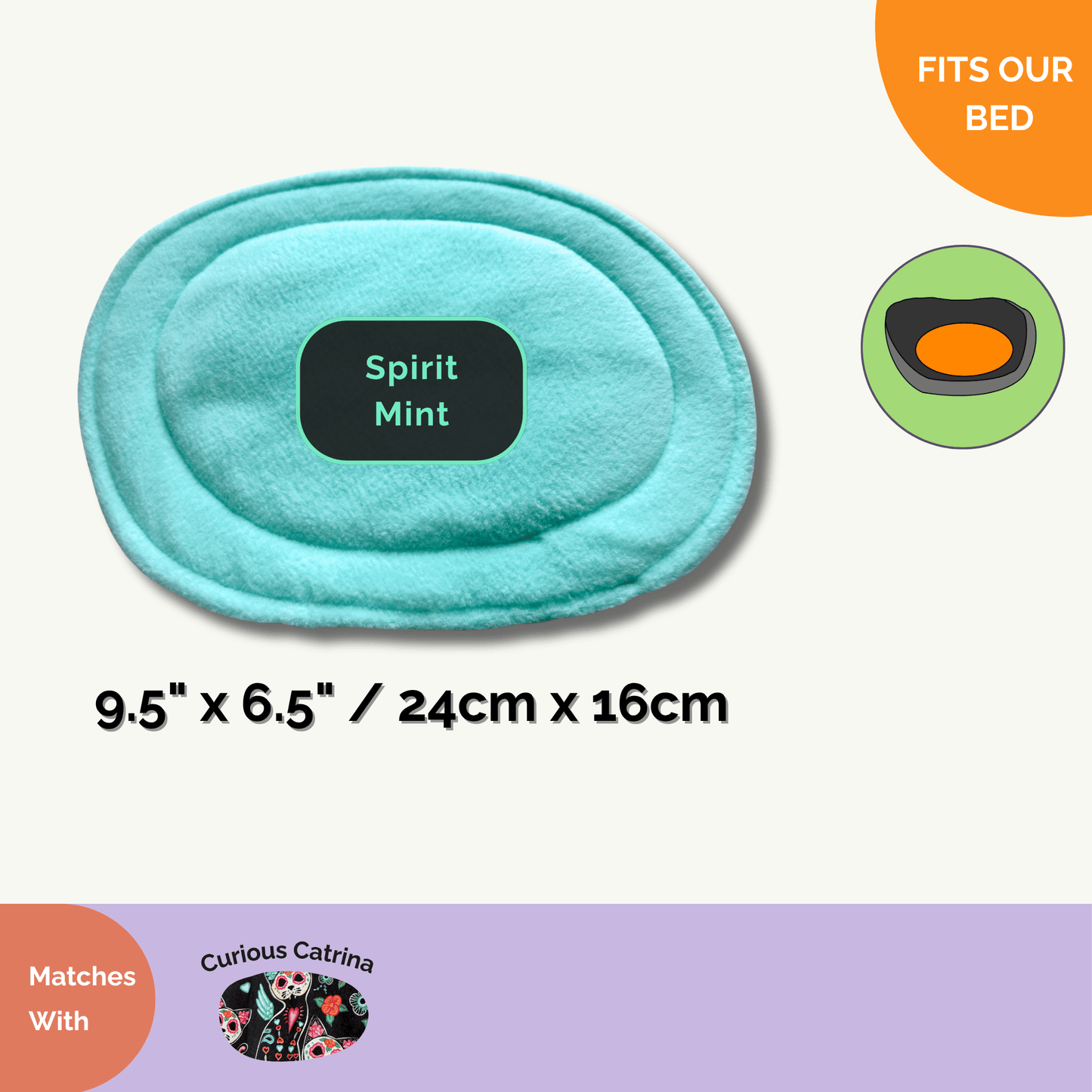 Bewitchingly adorable “Curious Catrina” pee pad—an oval, teal bed liner enchanted in Spirit Mint (9.5 x 6.5 in / 24 x 16 cm). Lovingly handcrafted for your tiniest familiars, this odour-resistant pad boasts spooktacular orange and green accents at the corners. Designed to fit coffin-cozy beds and perfectly match our gothic-glam “Curious Catrina” collection—a hauntingly cute upgrade for your guinea pig or small pet’s midnight lounge.